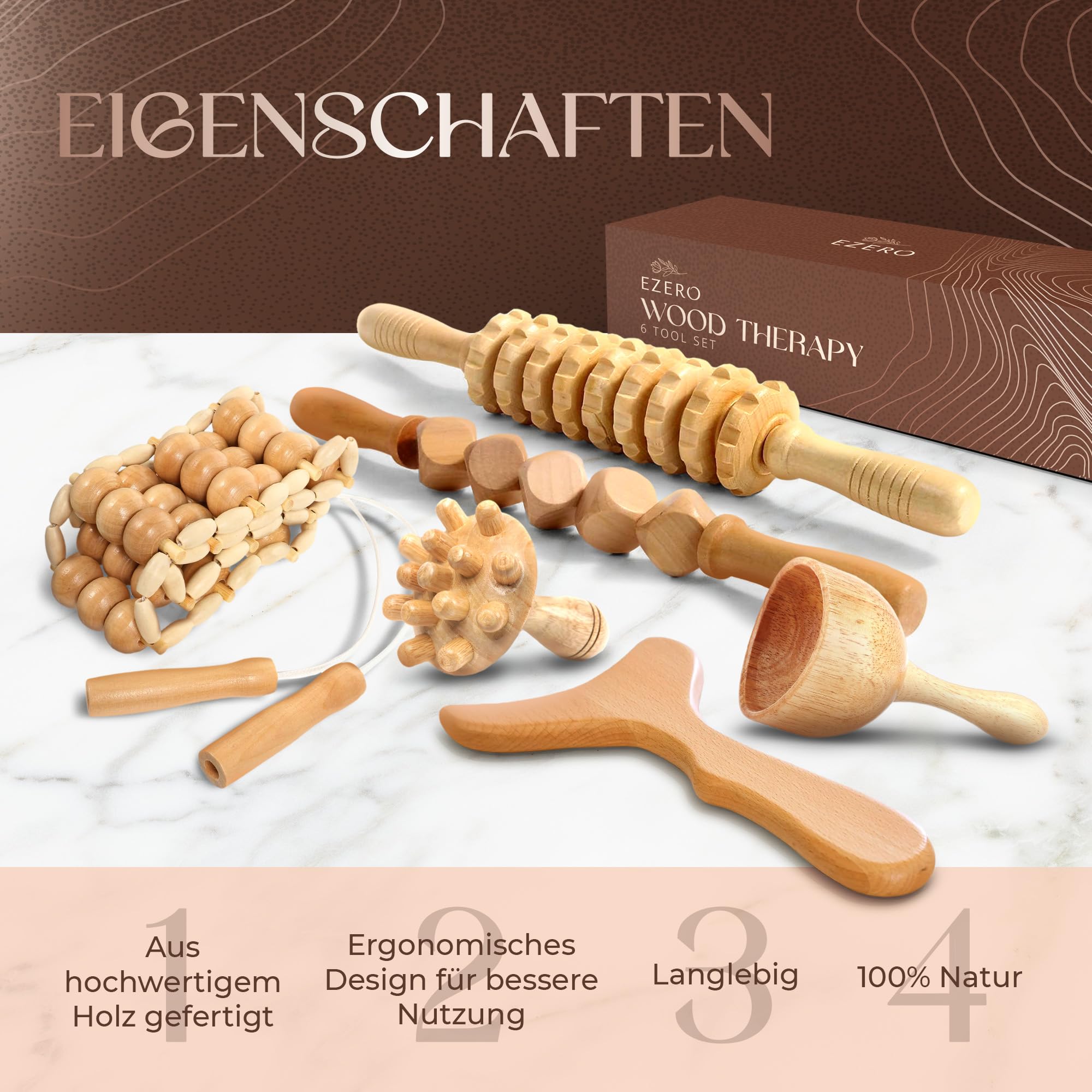 Ezero Maderotherapie Set 6 Stück – Professionelles Maderotherapie Holz Massage Set & Wood Therapy Massage Tools mit Faszienstab – Für Lymphdrainage, Anti-Cellulite Massage und Körperformung