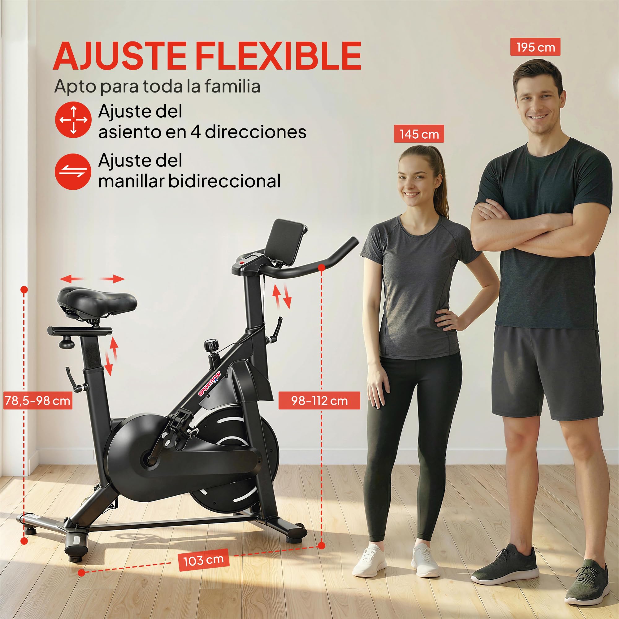 SPORTNOW Bicicleta Estática en Casa con Resistencia Magnética Regulable | Silenciosa, Pantalla LCD, Volante, Asiento y Manillar Ajustables, Ruedas, Soporte para Tablet, Carga 120 kg