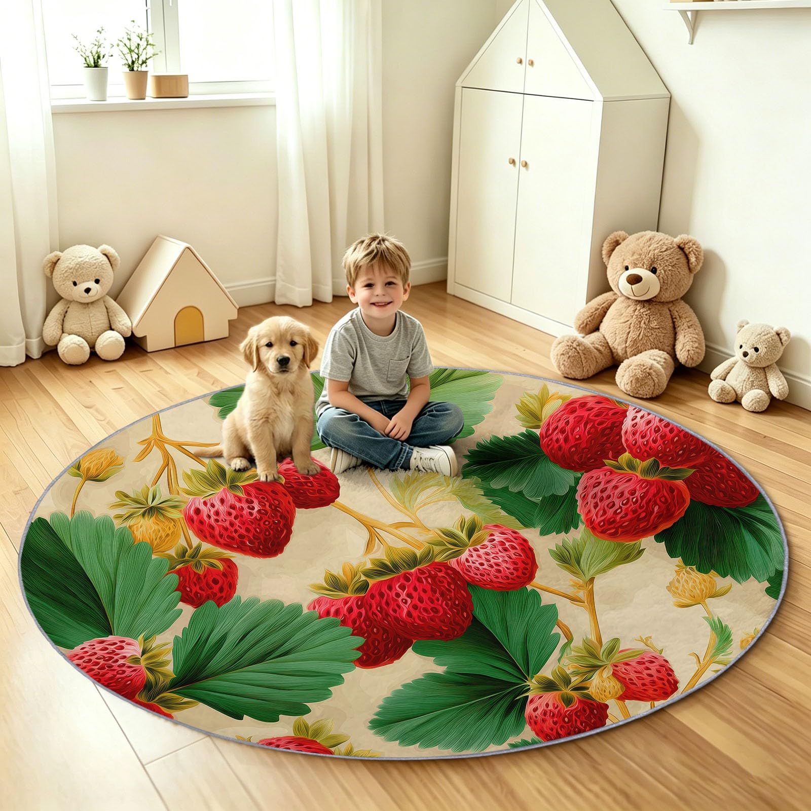 Générique Tapis Enfant Rond Chambre d'enfant Filles Garçons, Botanique Vintage Tapis Rond Lavable & Antidérapant pour Salon Chambre Cuisine Salle à Manger Chambre (200 cm, Fraises Feuilles Vertes)