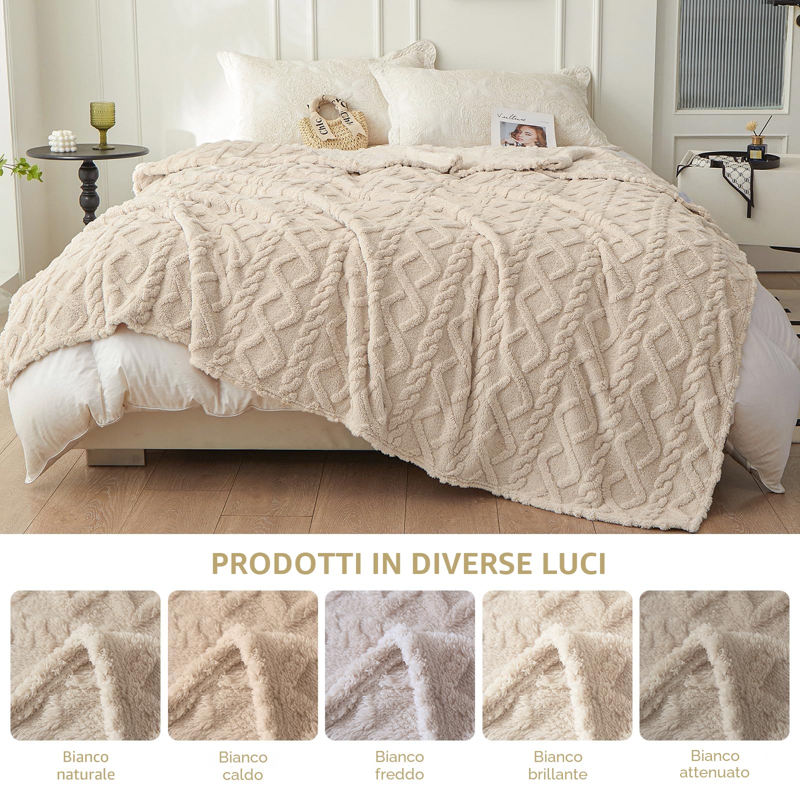 WONGS BEDDING Morbida coperta per divano, in pile, 150 x 200 cm, per letto, divano, colore beige