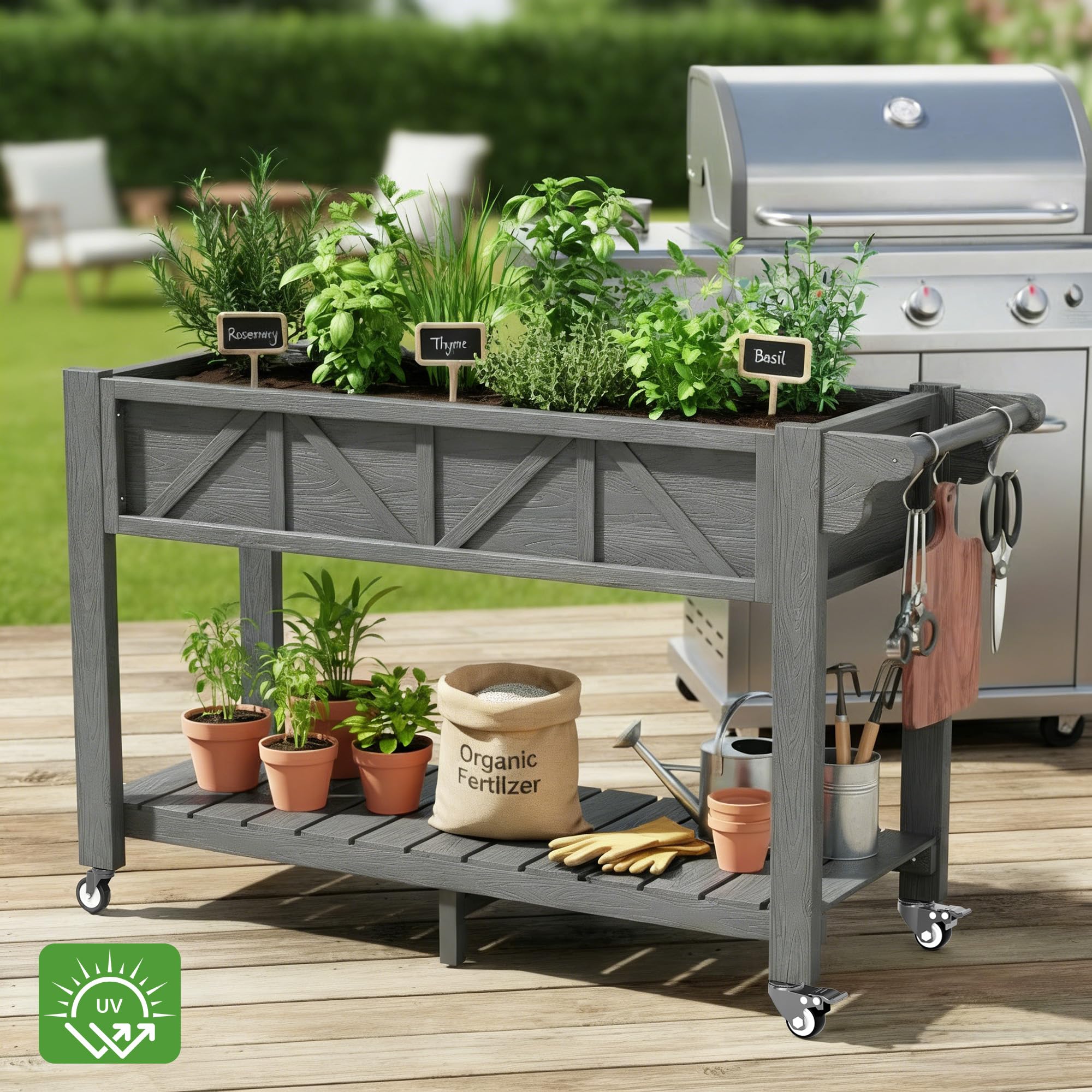 Hochbeet 120x44x70cm, Metall Hochbeet mit Rollen & Griff, 3 Haken & Vlieseinlage, Für Gemüse Blumen Kräuter, Garten Balkon Terrasse, Grau