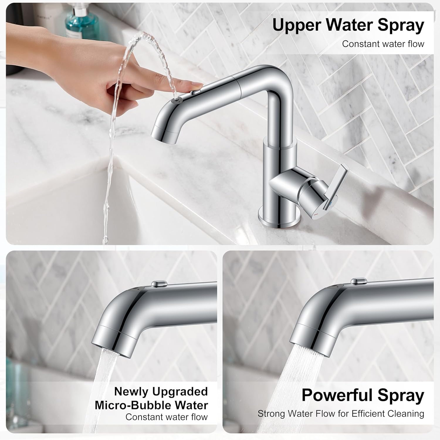KENES Pull Out Bathroom Faucet with Sprayer, Polished Chrome Single Handle Bathroom Sink Faucet with Pull Down Sprayer, Vanity Bar Faucet with Pop Up Drain & Deck Plate, LJ-9055A-5