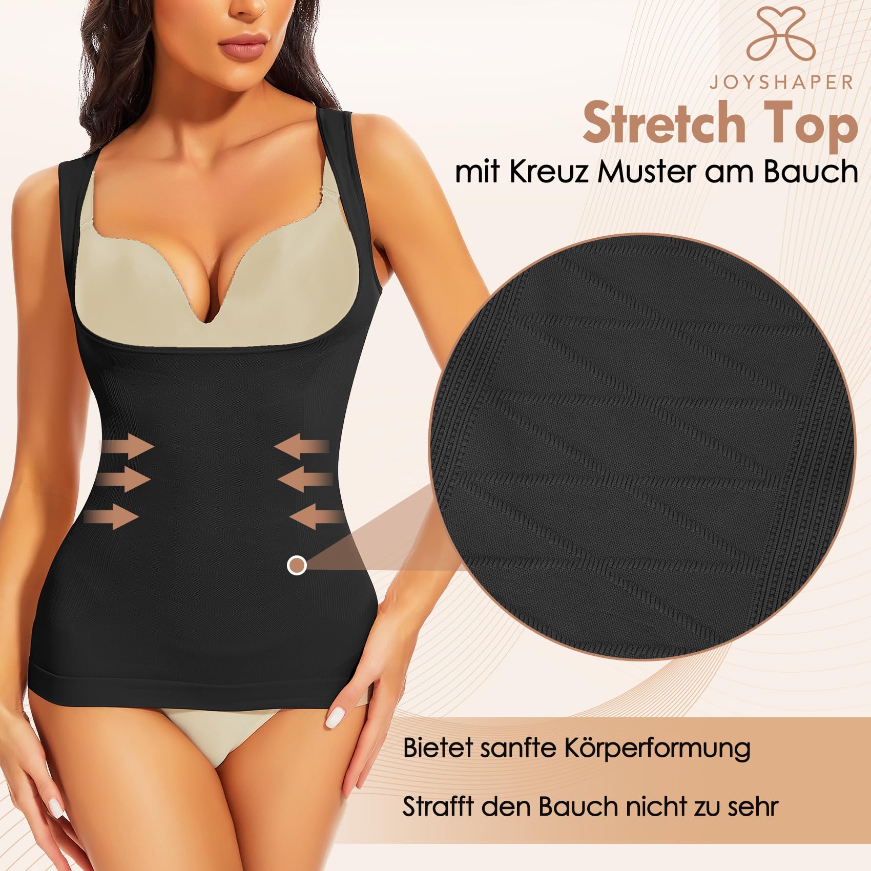 Joyshaper Shapewear damski podkoszulek top pod biustem, bez szwów, wyszczuplający brzuch, podkoszulek z szerokimi ramiączkami, modelujący top na ramiączkach, koszulka, czarny, L