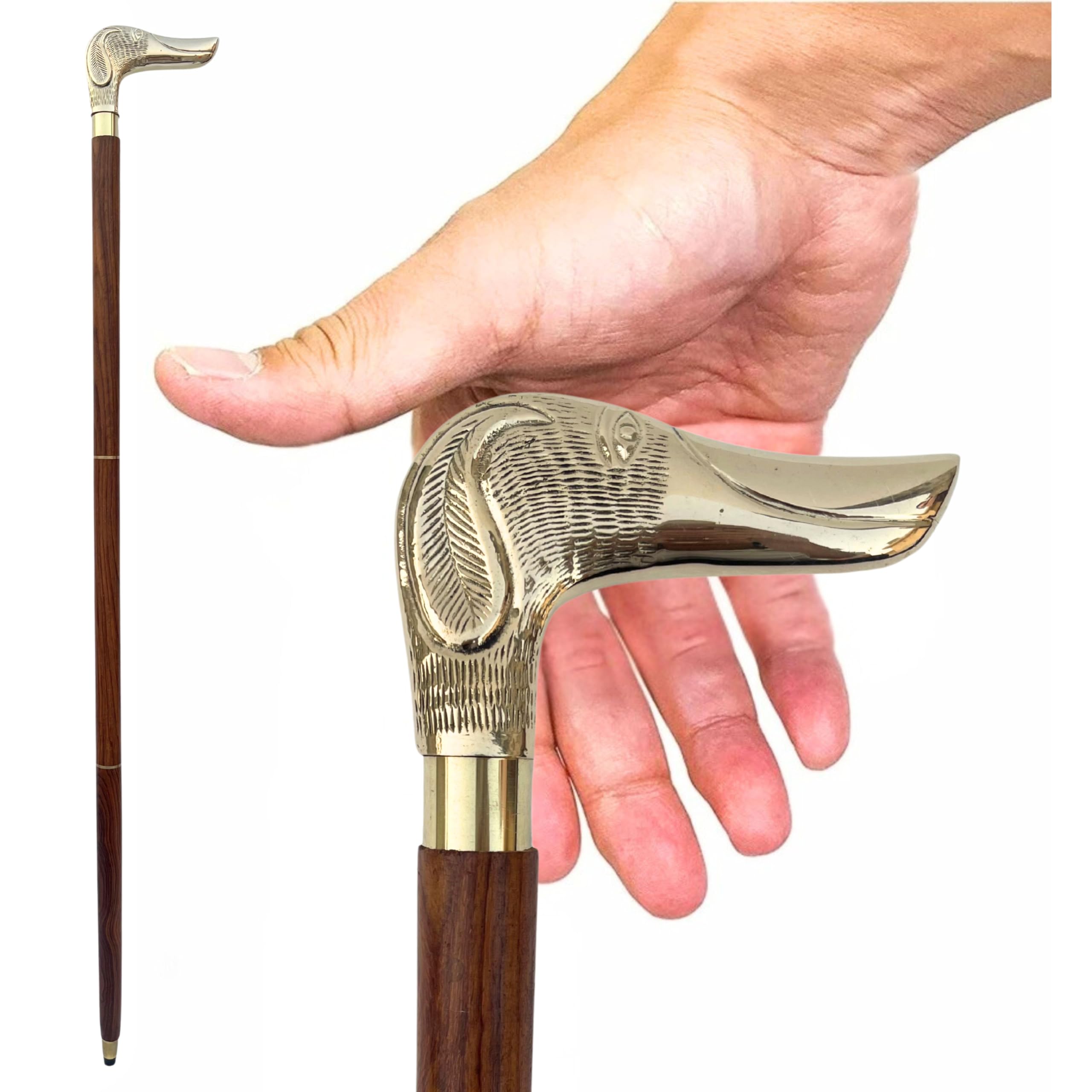 Bastone da Passeggio in Legno di Palissandro e Manico in Ottone Massiccio a Forma di Testa di Bassotto, 94 cm, di qualità, Marrone e Oro, Elegante, Il miglior Regalo di Natale