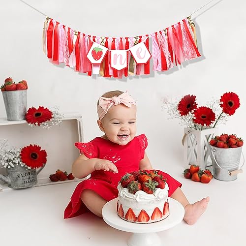Miniatura 4 de Decoraciones de fiesta de fresa para primer cumpleaños, cartel de fresa para silla de bebé para accesorios de cabina de fotos y telón de fondo,