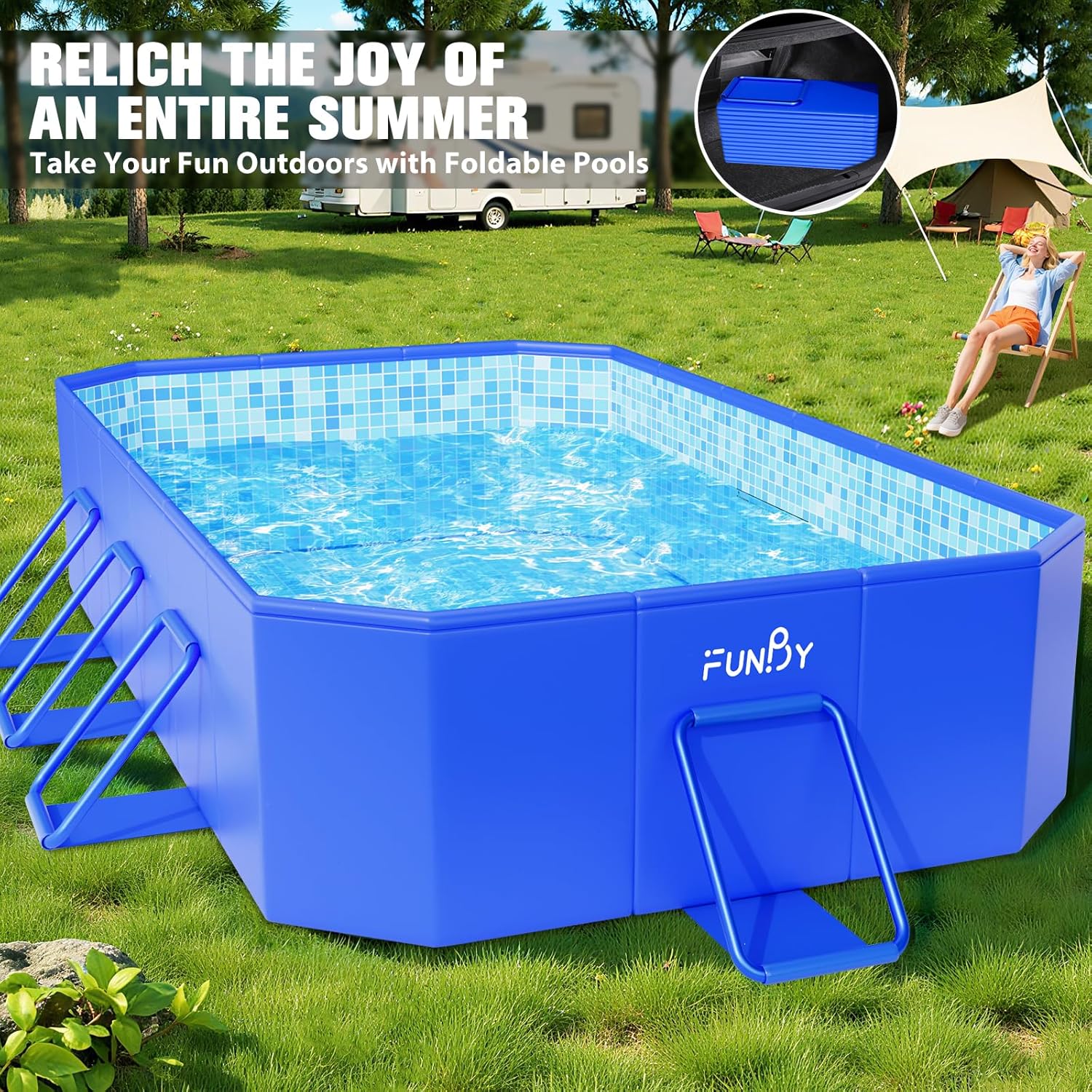 FunBy Foldable Pool, Foldable Swimming Pool, Large Foldable Pool for Adults, Non-Inflatable Pool,Oversize Thickened Collapsible Pool, Kids Pool for Backyard,Mosaic Design 90"x50"x20"-Blue