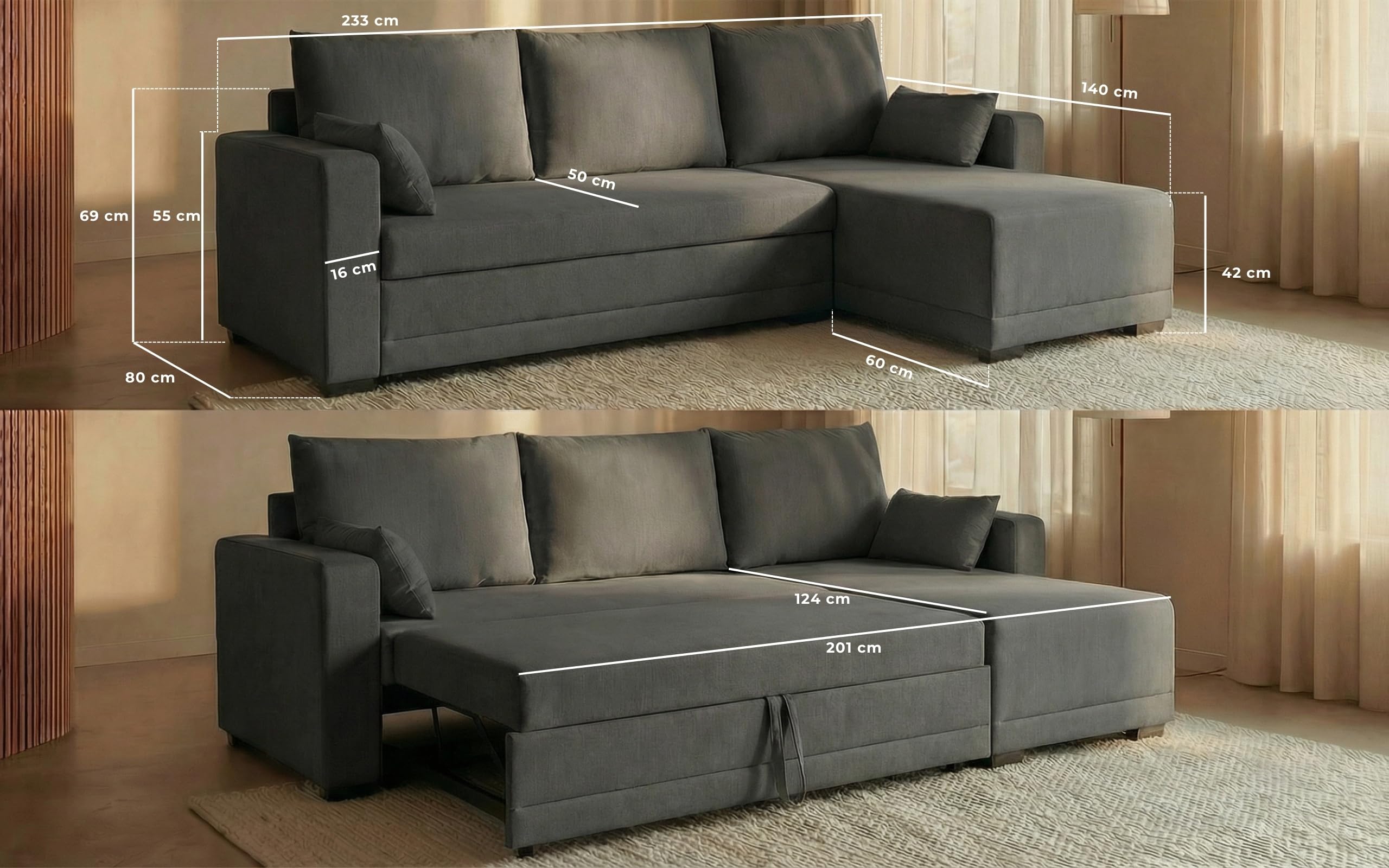 BUDWING Leah Sofá Cama Esquinero 3 Plazas - Chaise Longue Reversible y 2 Cojines Decorativos – Tapizado en Poliéster – Estilo Moderno – 233x124x69 cm – Gris Oscuro