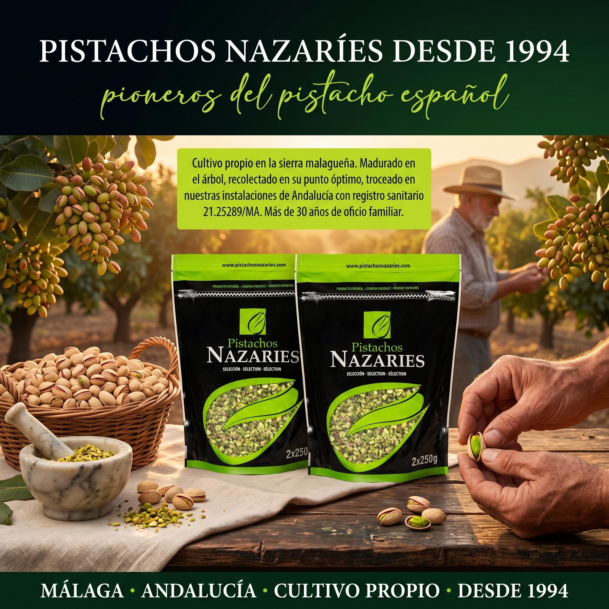 Nazaries Granillo de Pistacho al Natural Sin Sal pack 2x250 g Bolsa Hermetica Sin Gluten Andalucia Troceado Reposteria Helados Tarta Yogur Baklava Decoracion Postres Frutos Secos Picado Crudo Pelado
