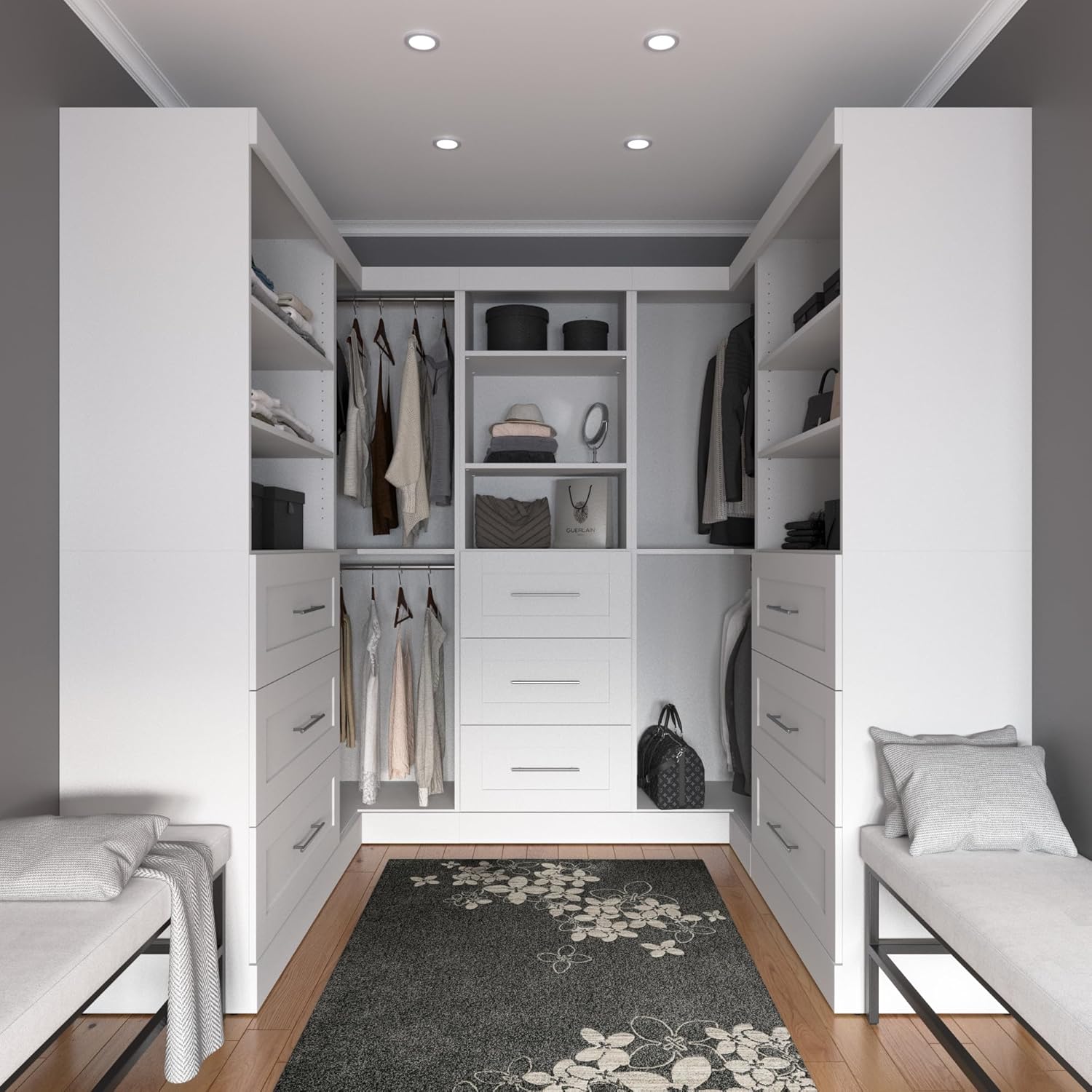 Bestar Pur 161W Walk-In Closet Organizer System in White, Storage Cabinets for Bedroom, Mudroom, Entryway, Living Room, or Kitchen Pantry