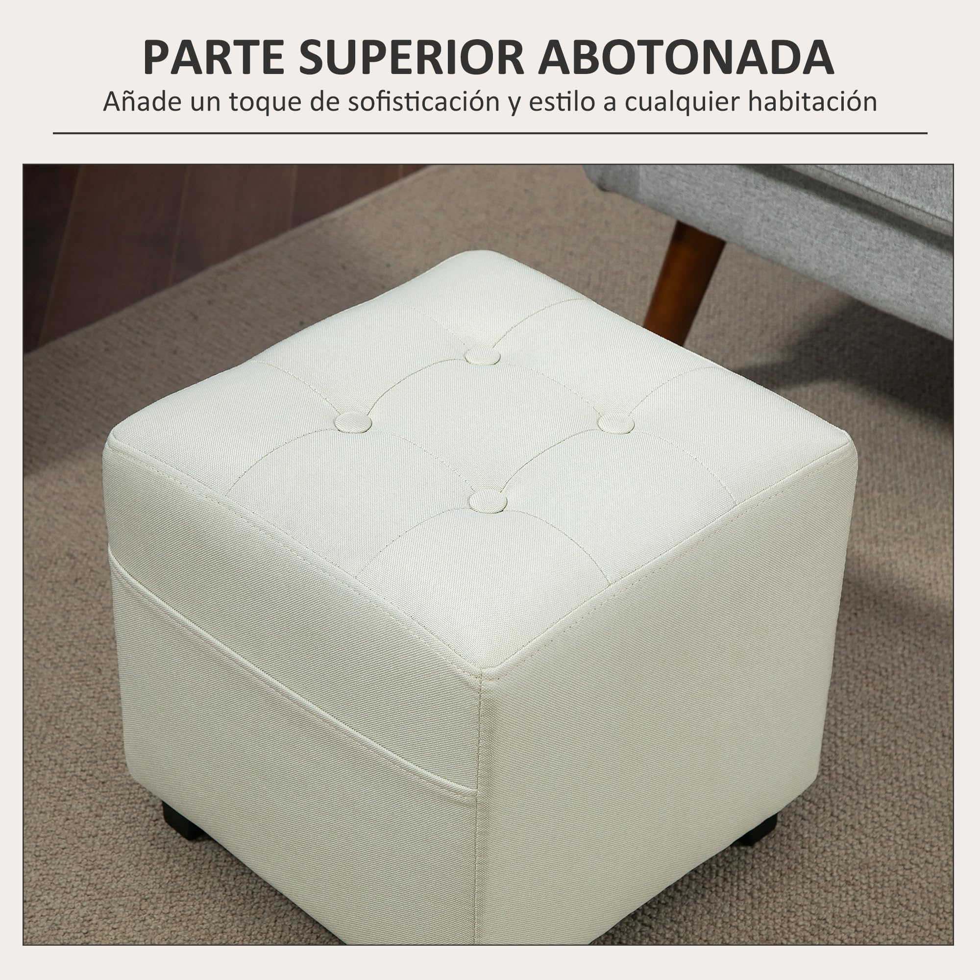 HOMCOM Reposapiés de Salón Taburete Bajo Tapizado en Lino Otomana Cuadrada con Bolsillo Lateral Tapa con Botones Acolchados y Marco de Madera para Sala de Estar Dormitorio Crema