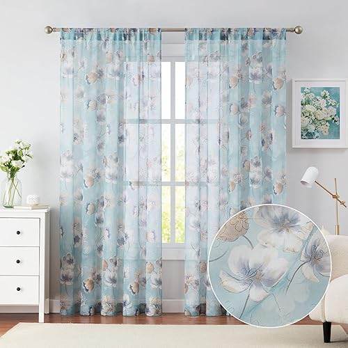 Miniatura 2 de Melodieux Cortina transparente con estampado de hilo dorado con bordado de flores verde azulado para sala de estar, dormitorio, granja con bolsillo
