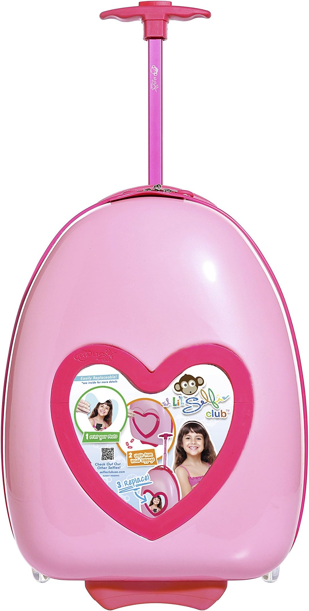 Selfie Club Kids Luggage with DIY Replaceable Photo Feature, Pink Heart, Carry-On 16-Inch