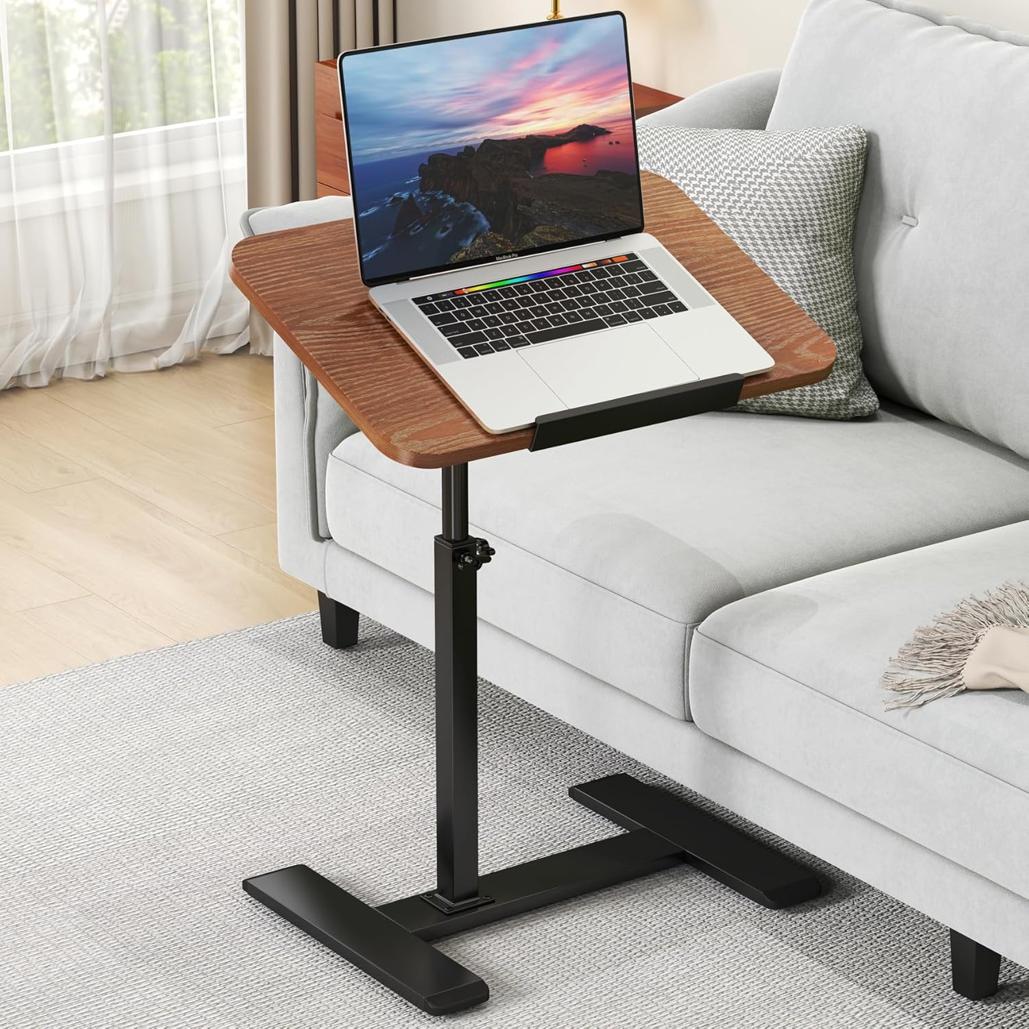 Solid Wood C Shaped Side Table Adjustable Height with Hidden Wheels, 360°Swivel Couch End Table That Slide Under, Rolling Laptop Stand TV Tray Dinner Coffee Table for Sofa/Bed (Vintage Brown)