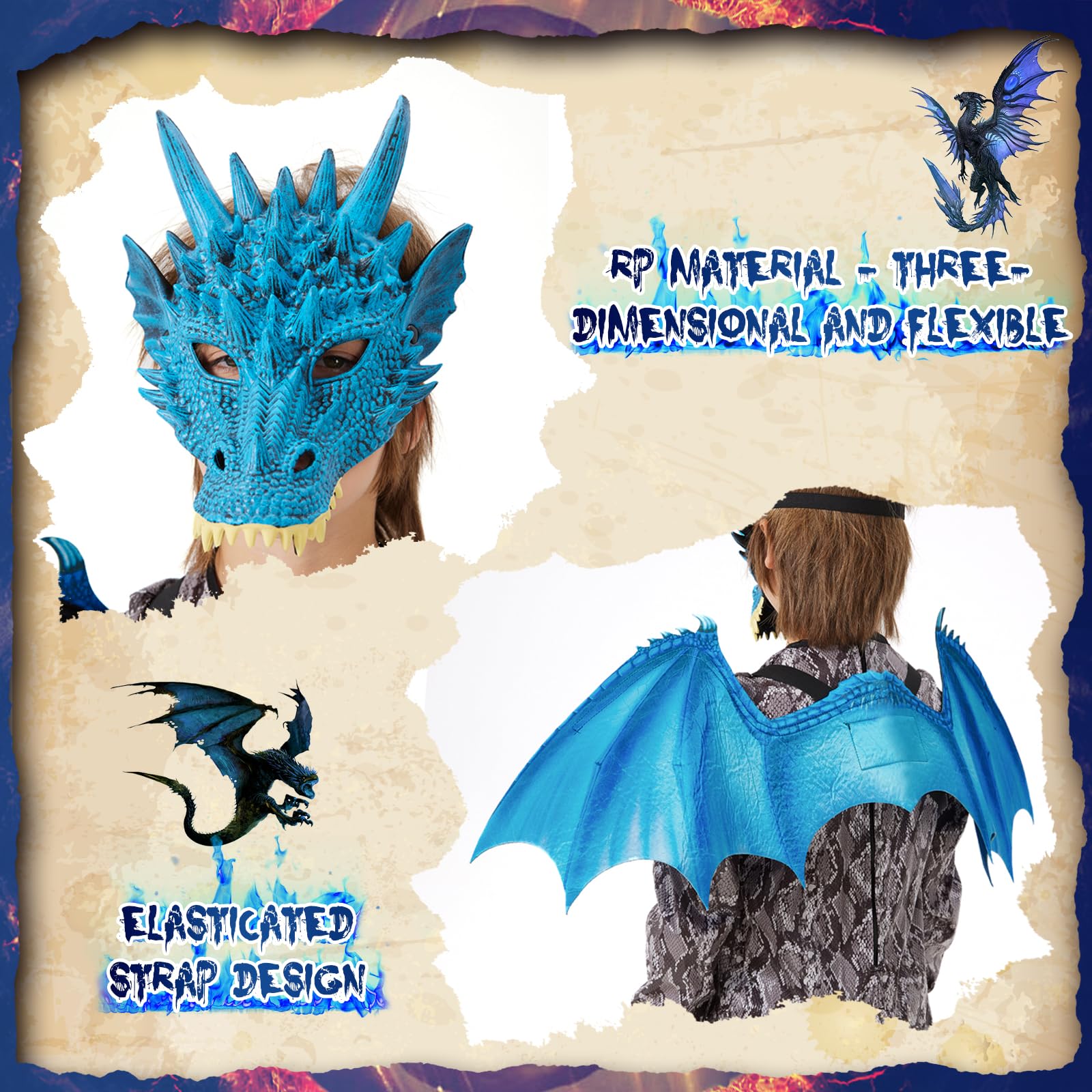 Ulikey Costume da Drago Bambino, Costume Carnevale Ragazzi, con Ali di Drago, Maschera da Drago, Dinosauri per Bambini Blu Rosso, Drago Tute per Bambini Carnevale Halloween Feste Cosplay