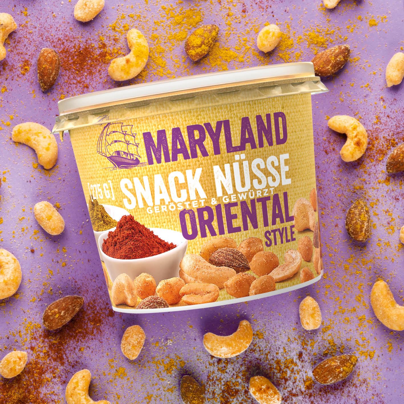 Maryland Snack Nüsse Oriental Style 275g Becher Vorratspack - Erdnüsse, Cashewkerne und Mandeln in Nussmischung - Orientalisch gewürzt - wiederverschließbarer Becher (6 x 275 g)