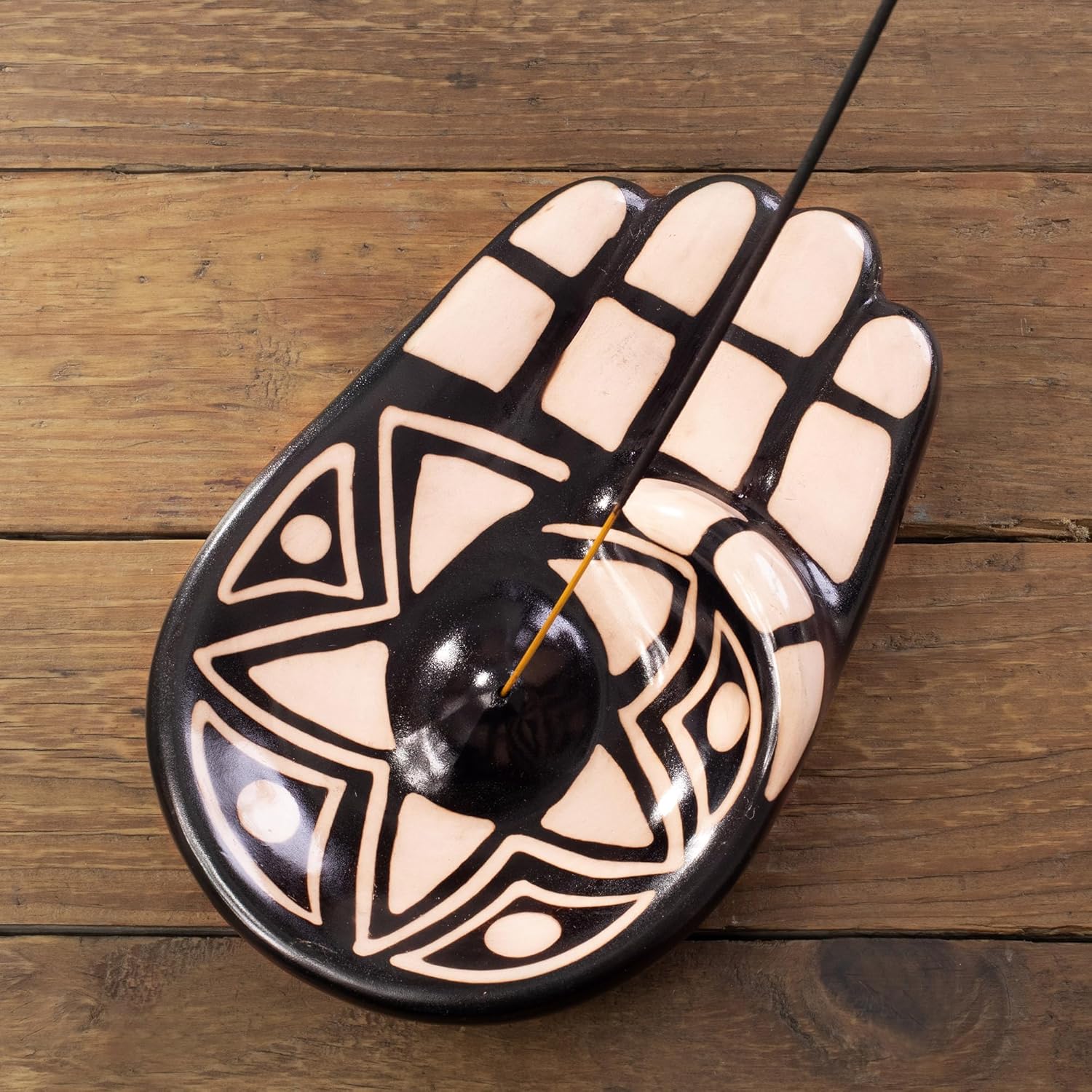 NOVICA Artisan Handmade Ceramic Incense Holder Black White Hamsa Amulet Peru 'Black White Hamsa'