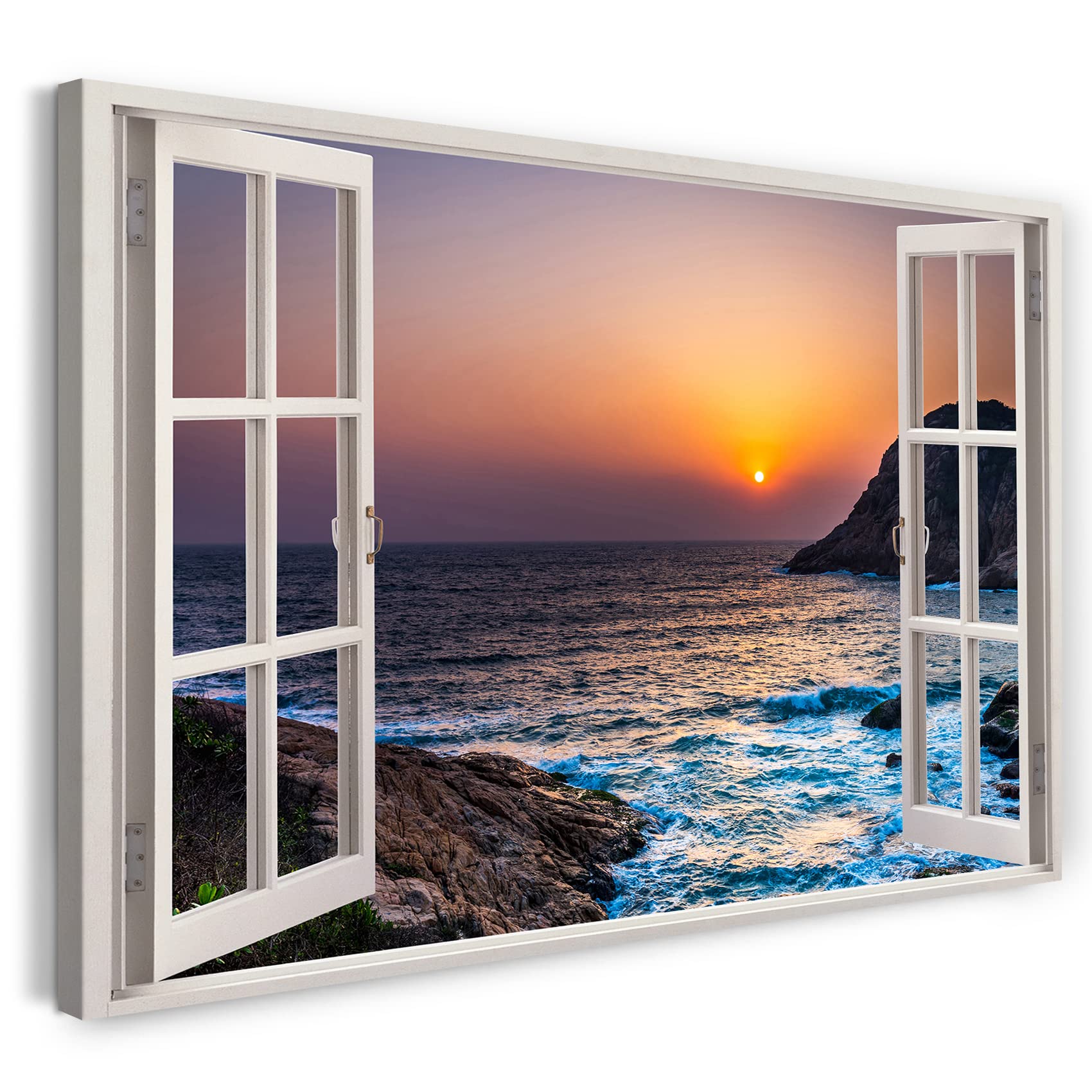 Print on Canvas (100x70 cm) view from the window - sunset sea cliffs water beach - nature photography, real wood frame with hook