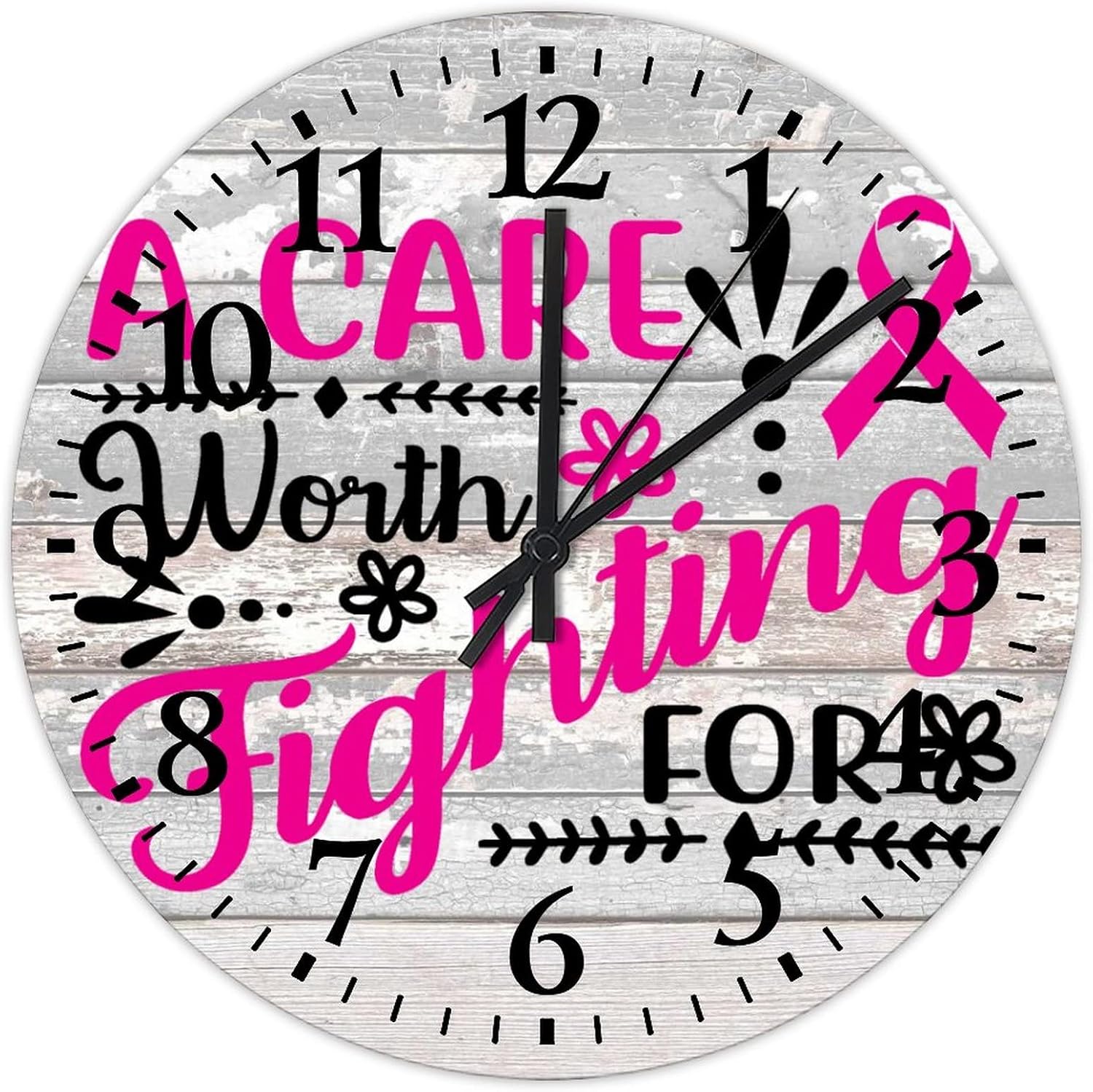 Wooden Wall Clock Breast Cancer A Care Worth Fighting for Cool Room Accessories Quartz Non Ticking Arabic Numeral Pink Warrior Round Clock for Bedroom Living Room Home Decor 12 Inch