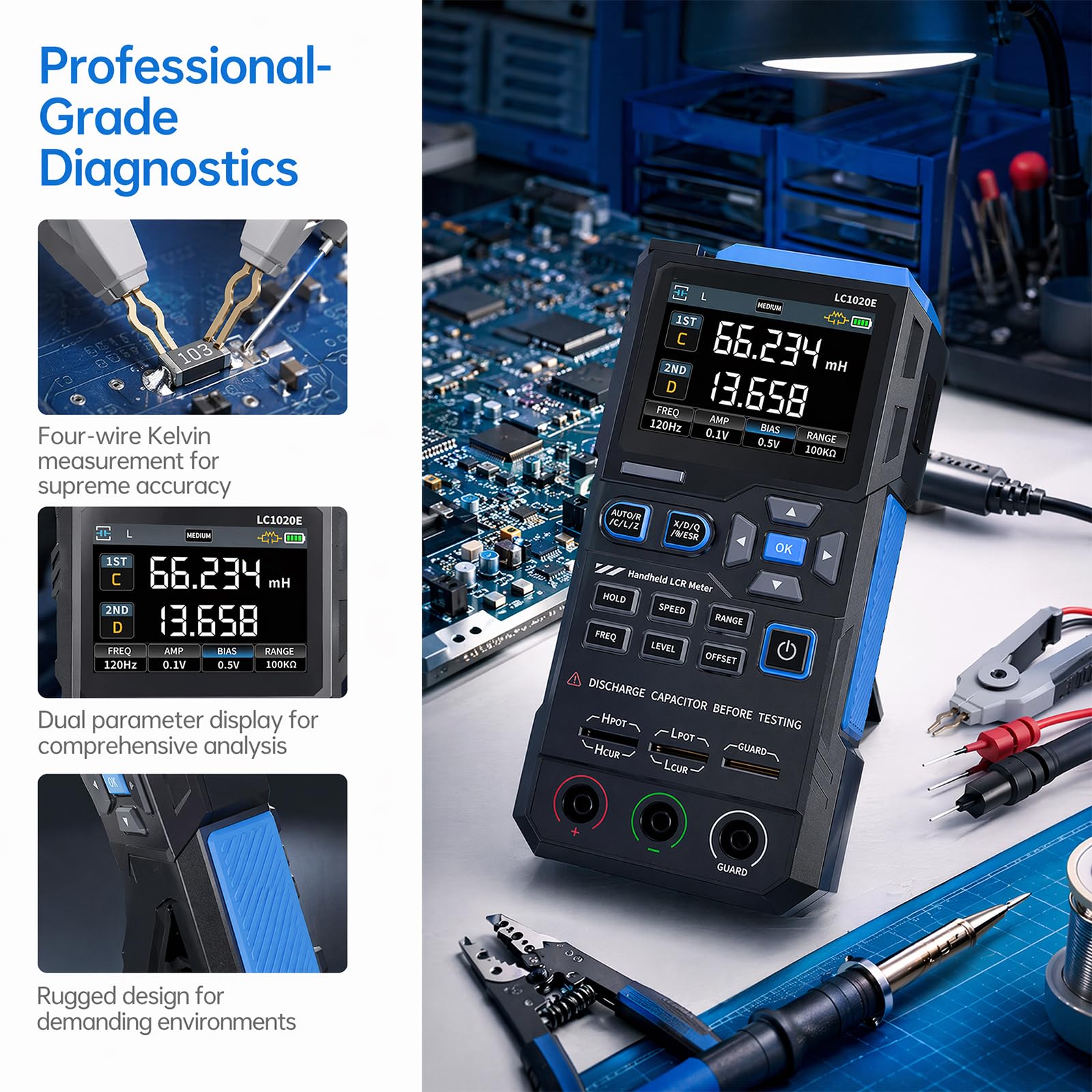 LCR Messgerät, LCR-Meter Digitalbrücke Einstellbare Frequenz 100 Hz -100 kHz Tragbarer Digitaler ESR Tester mit LCD-Display unterstützt Kapazitäts-, Widerstands- und Induktivitätsmessungen LC1020E