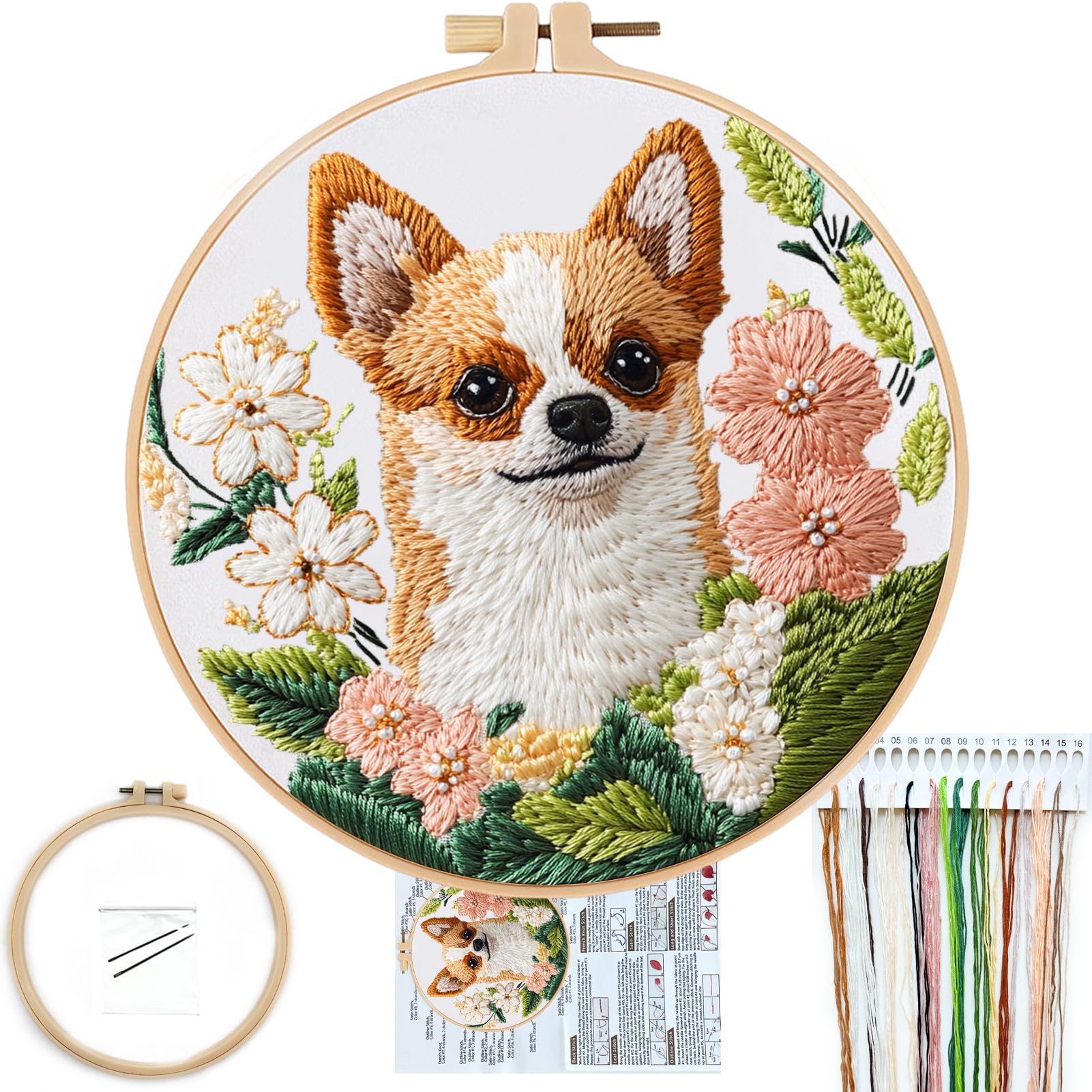 FONNUY Chihuahua Dog Floral Embroidery Kit, Cross Stitch Kits for Beginners, Handmade Crafts with Printed Patterns for Beginner Adults, Easy to Follow Color Thread Needlework, 8'' Hoop (Loyal Dog)