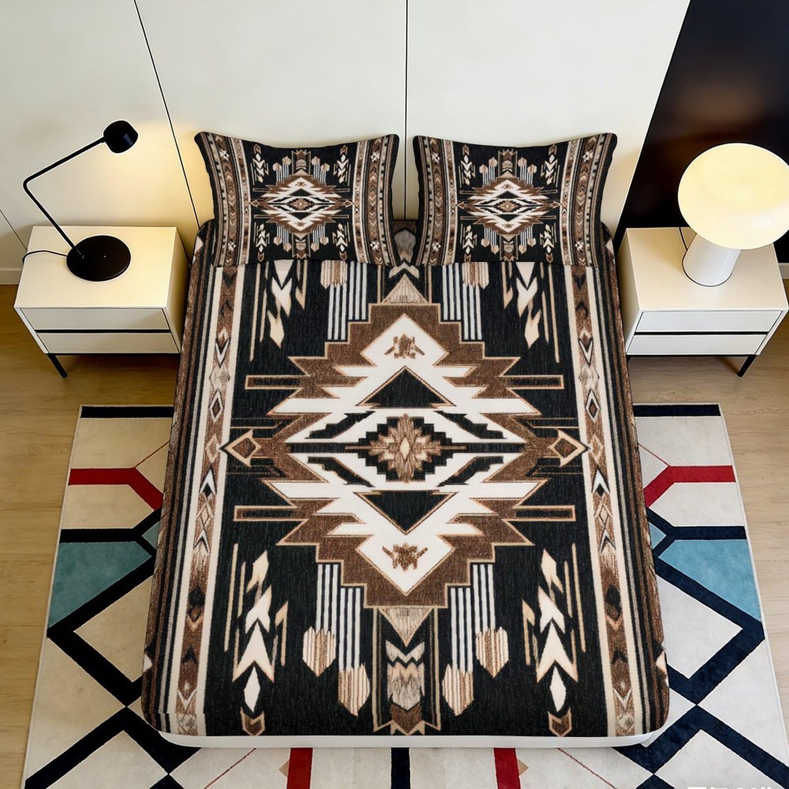 3D Printed Tribal Geometric Fitted Sheet Microfiber Soft Brown Black Aztec Mattress Cover Bedroom Decor 90x200x25cm