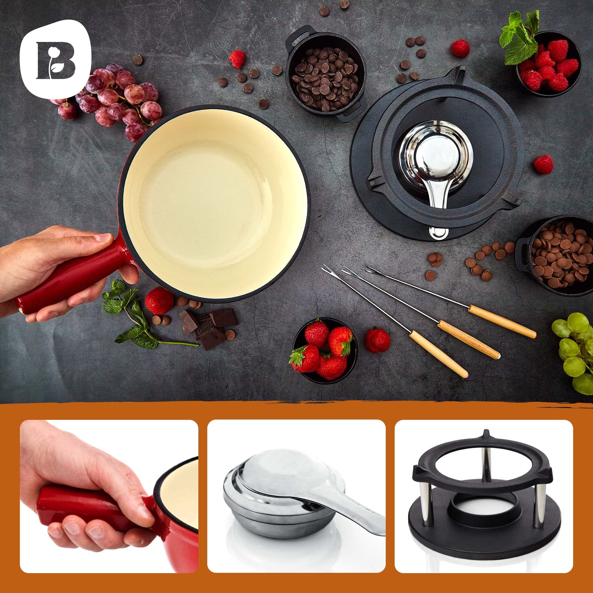 Juego de Fondue de Hierro Fundido para 6 Personas | 2 litro | Juego de Fondue de 9 Piezas | esmaltado Adecuado para Fondue de Queso Fondue de Chocolate para Fondue de Carne