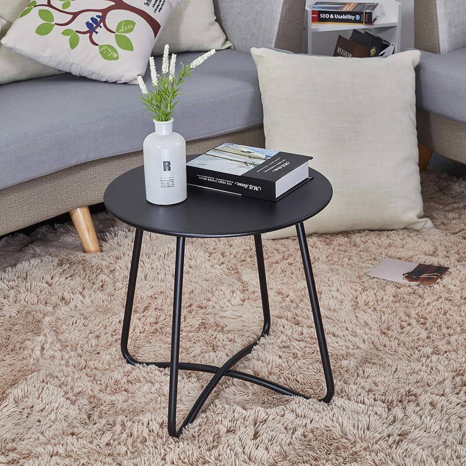 BERARDI HOME | Tavolino Rotondo in Metallo, 45x45 cm, Impermeabile, Design Minimal, per Interno ed Esterno, Nero