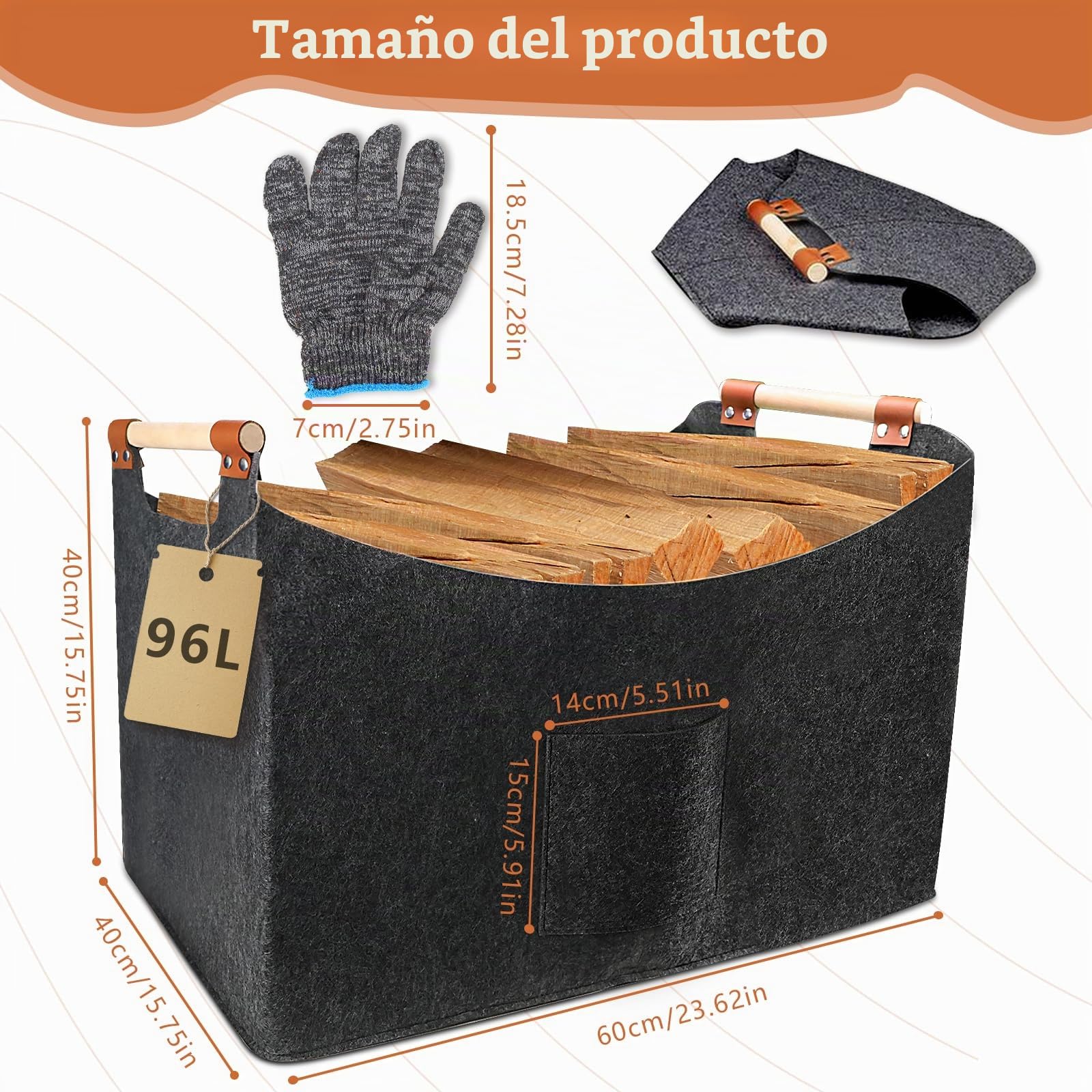 Cesta de madera para leña grande, de fieltro, XXL (96 L, 60 x 40 x 40 cm), plegable, fieltro extragrueso con mango de madera y guantes, para compras y leña, color gris oscuro (96 L)