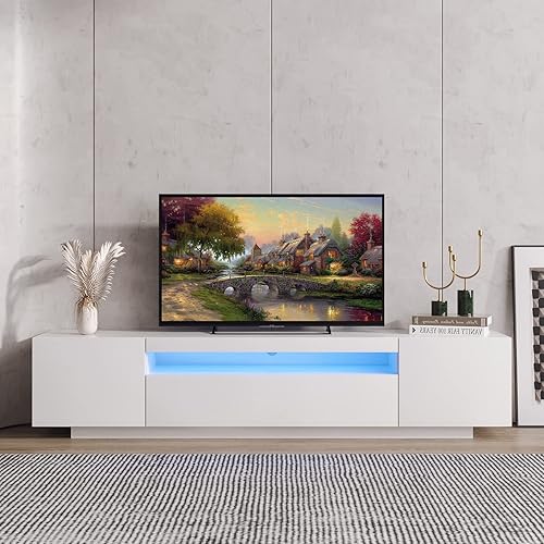 WERSMT White Modern LED TV Stand for up to 85 Inch TV with 16 Color RGB LED Lights TV Tables for Bedroom Living Room, White