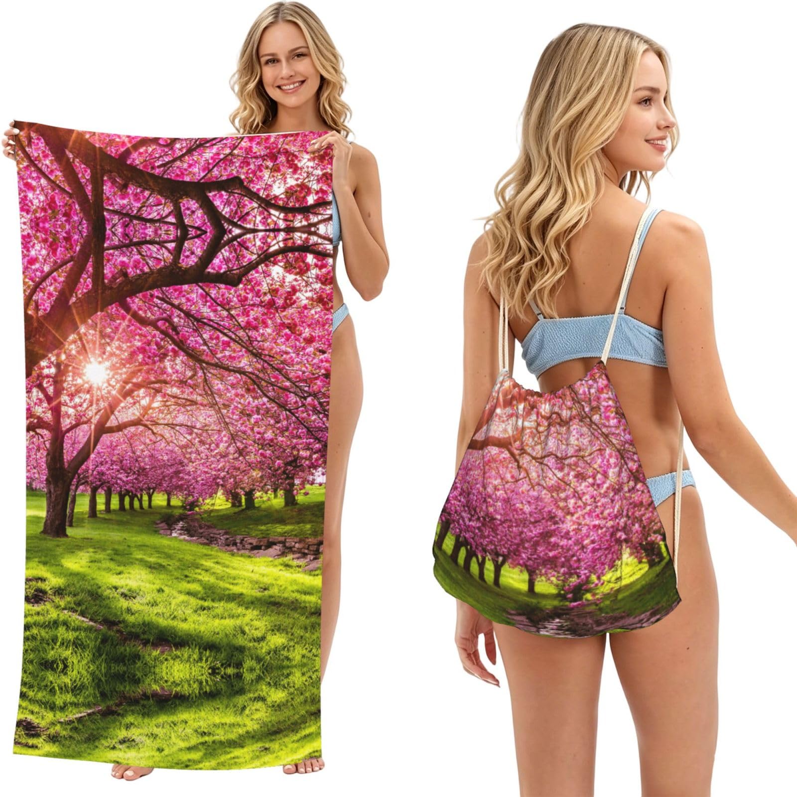 ESNAIUVCD Pink Orchard Print Beach Towel For Adults,Towel With Drawstring Bag, Travel Pool Swimming Sports Shower Sand Free Quick Dry Bath Towel For Pool, Beach, Yoga- 180x60cm