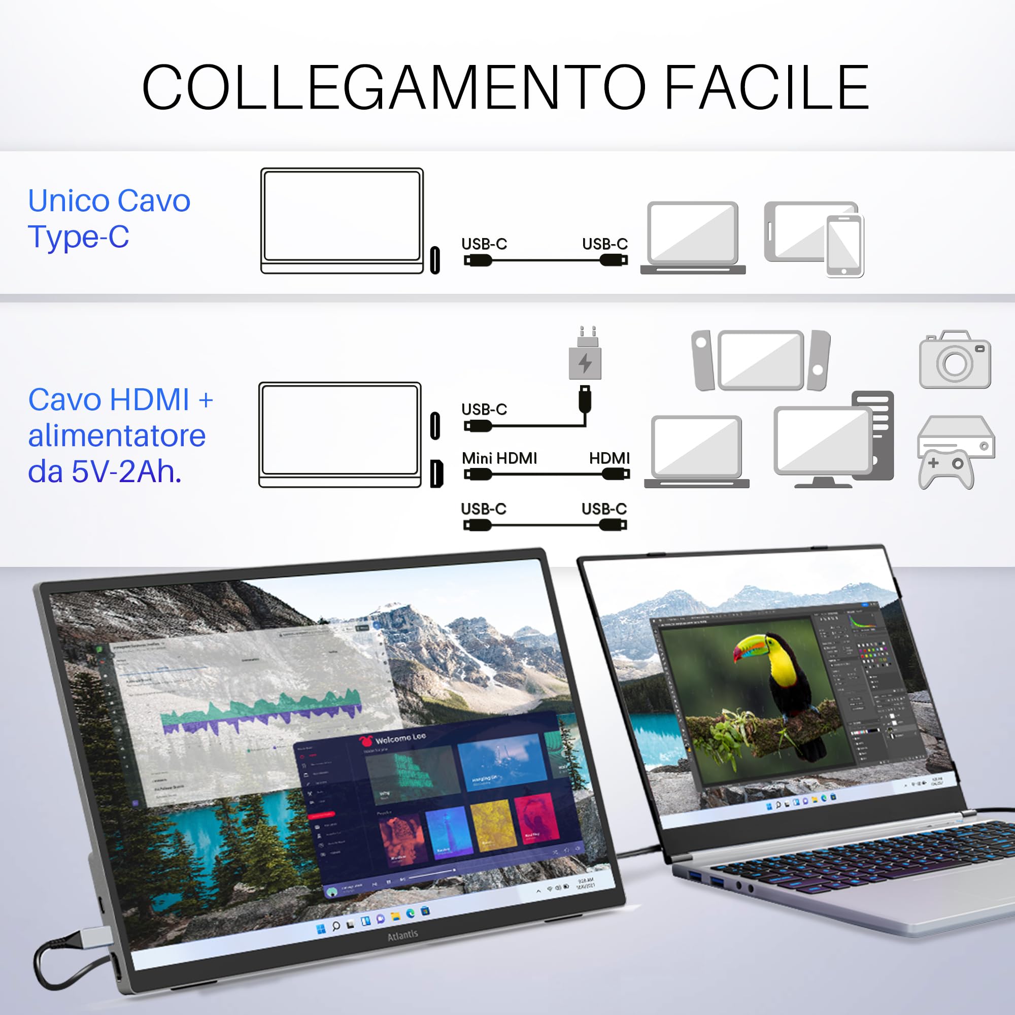 Atlantis Monitor Portatile TouchScreen 16 Pollici, 1080P Full HD 1920x1080, HDMI/Type_C, Speaker 2x1W, Inclinazione Regolabile, display IPS, per Notebook/Console/ 170/170,Cavo HDMI 1,5m/Type_C, < 1Kg.