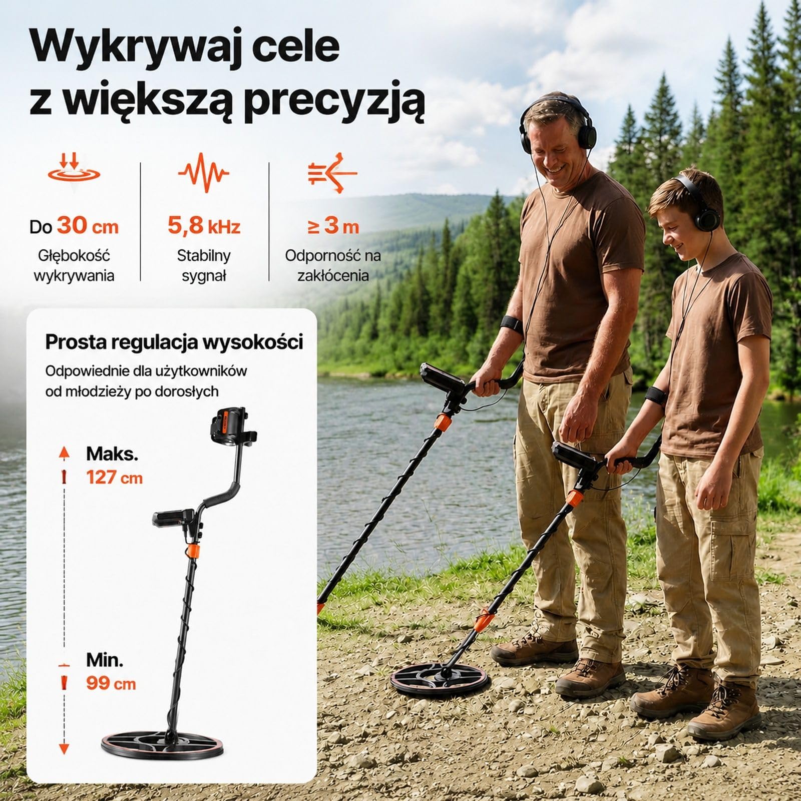 Wykrywacz metali z cewką, wyświetlaczem FSTN, słuchawkami, uchwytem teleskopowym i korpusem ABS do użytku na zewnątrz