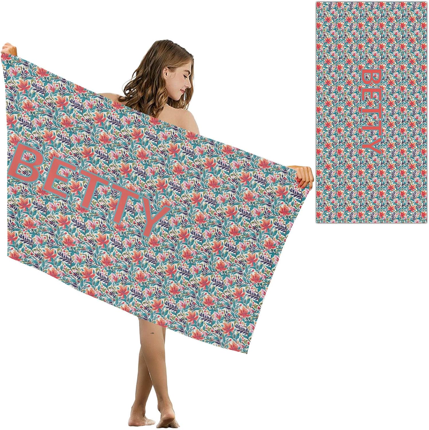 Personalized Monogram Floral Beach Towel, Custom Bohemian Beach Towel with Name for Kids Adults Girls Boys Custom Pool Towel Holiday Towel Bath Towel, 30 x 60 inches