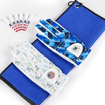 Golf Gloves Men Right Handed Golfer Left Hand Value 2 Pack, with 2 Ball Marker 1 Towel 6 USA Flag Golf Tees 3 1/4, Summer Breathable Glove Set for Mens
