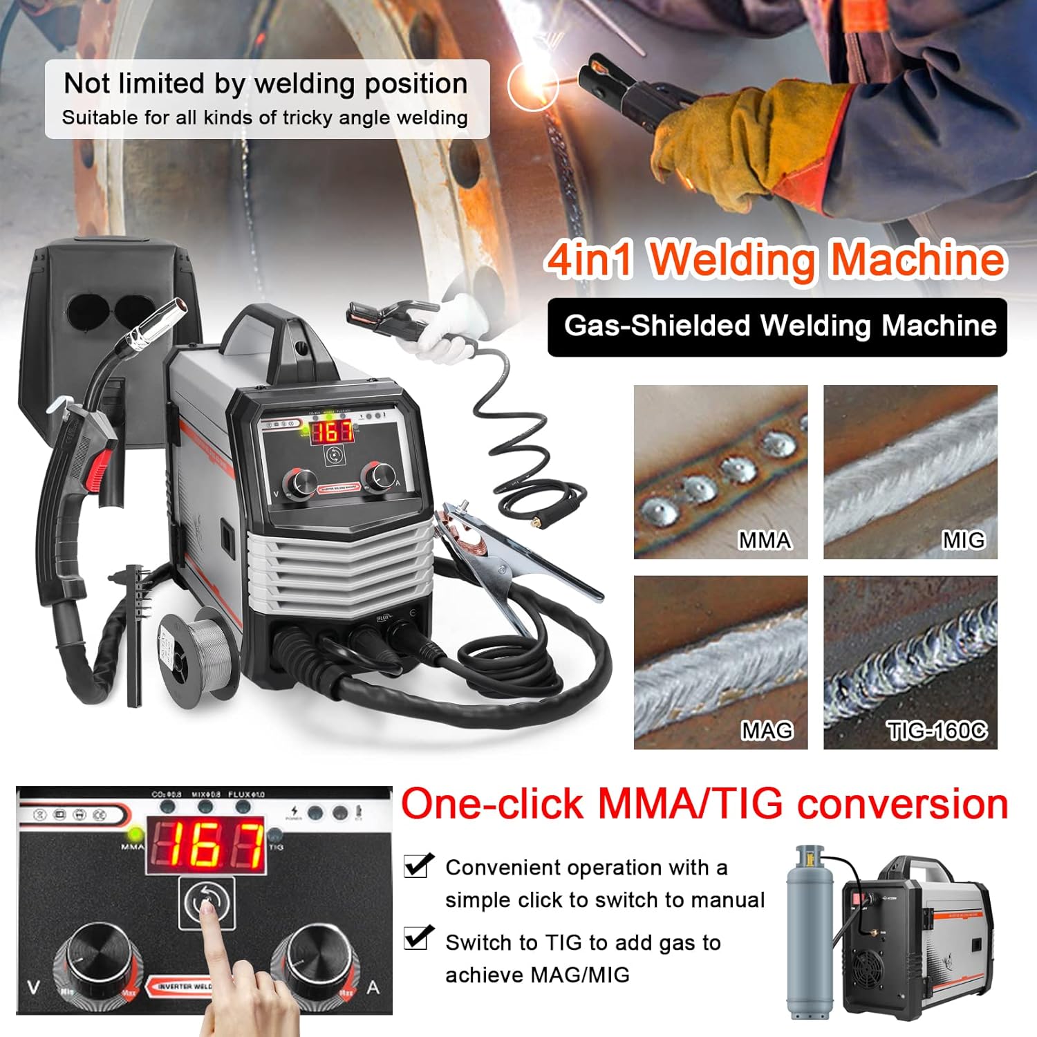 Image showing the 4-in-1 welding machine with controls for one-click MMA/TIG conversion and examples of MMA, MIG, MAG, and TIG welds.