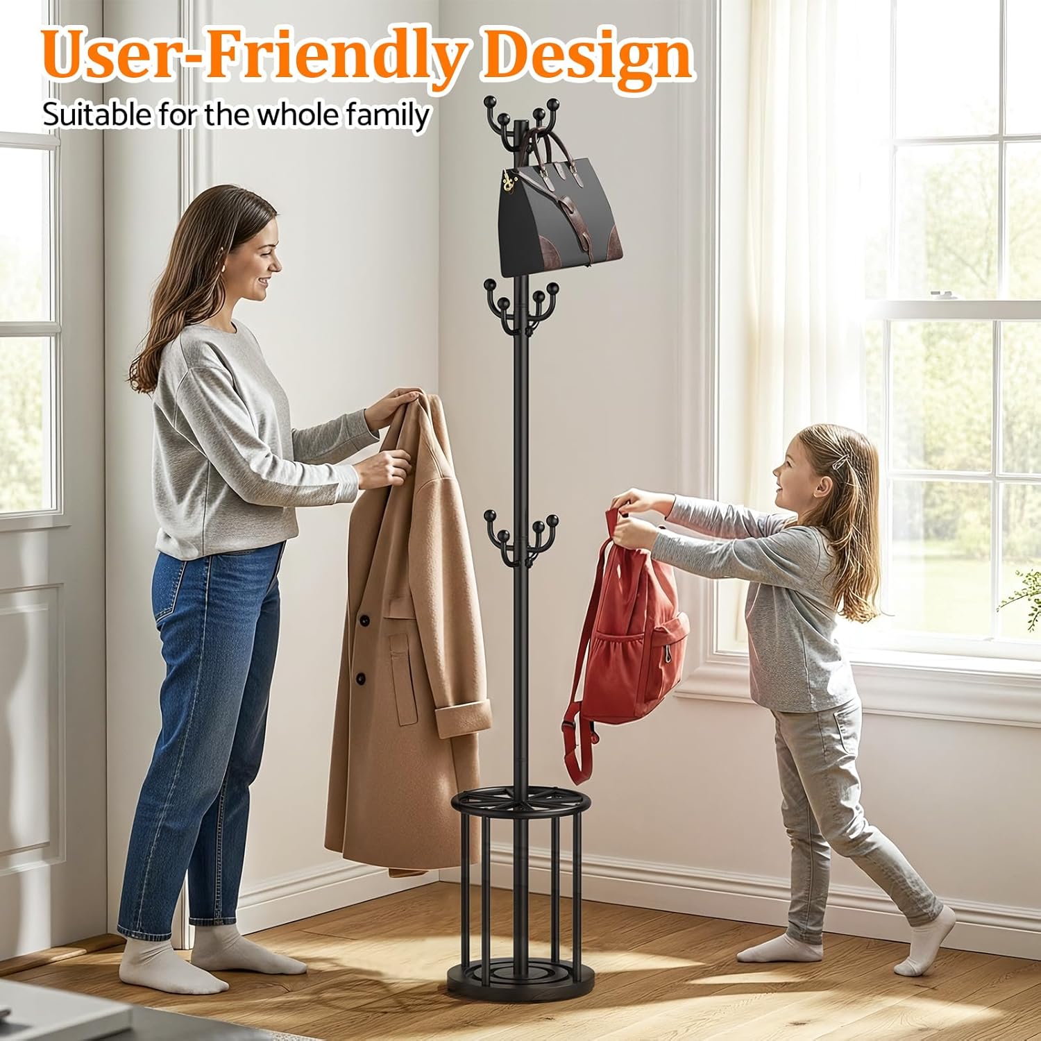 Coat Rack Freestanding, Hat Rack Hall Tree Coat Hanger Umbrella Stand for Entryway, Black Coat Rack with Umbrella Holder, Tree Stand Corner Hall Tree Rack for Hat, Umbrella, Purse, Bag, Clothes