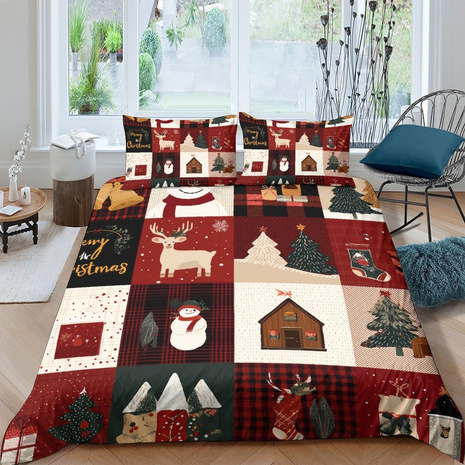 Ctjqhvkz Style-1 3D Printed Nordic Christmas Fitted Sheet Microfiber Soft Breathable Patchwork Cabin Mattress Cover For Bedroom Guest Room Single（135X200cm）