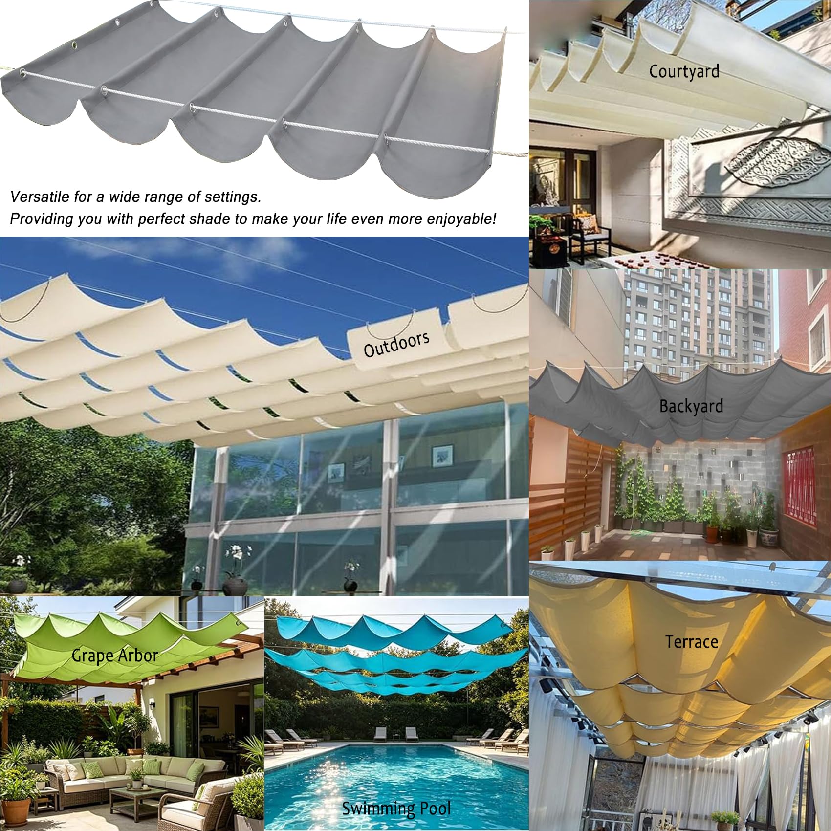 Einziehbares Sonnensegel 280 x 480 cm Sonnenschutz Wasserdicht Uv-Beständig, Nach Maß, Verstellbar, Reißfeste Schattenabdeckung mit Ösen Kordel für Terrasse Pergola Garten, cremefarben
