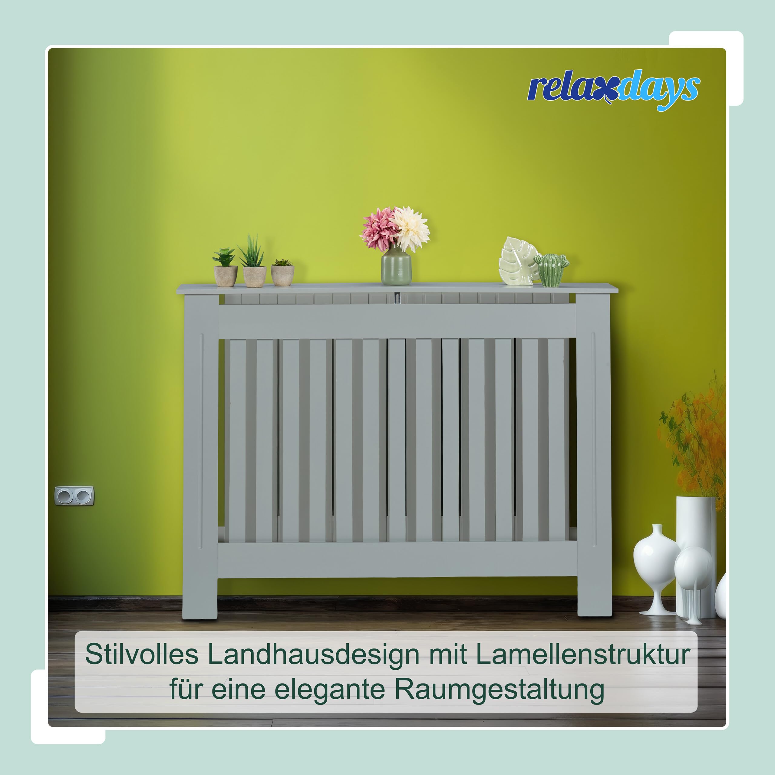 Relaxdays Heizkörperverkleidung Landhausstil, HBT 83x152x19 cm, für alte Heizkörper, Heizungsabdeckung Regal, MDF, grau