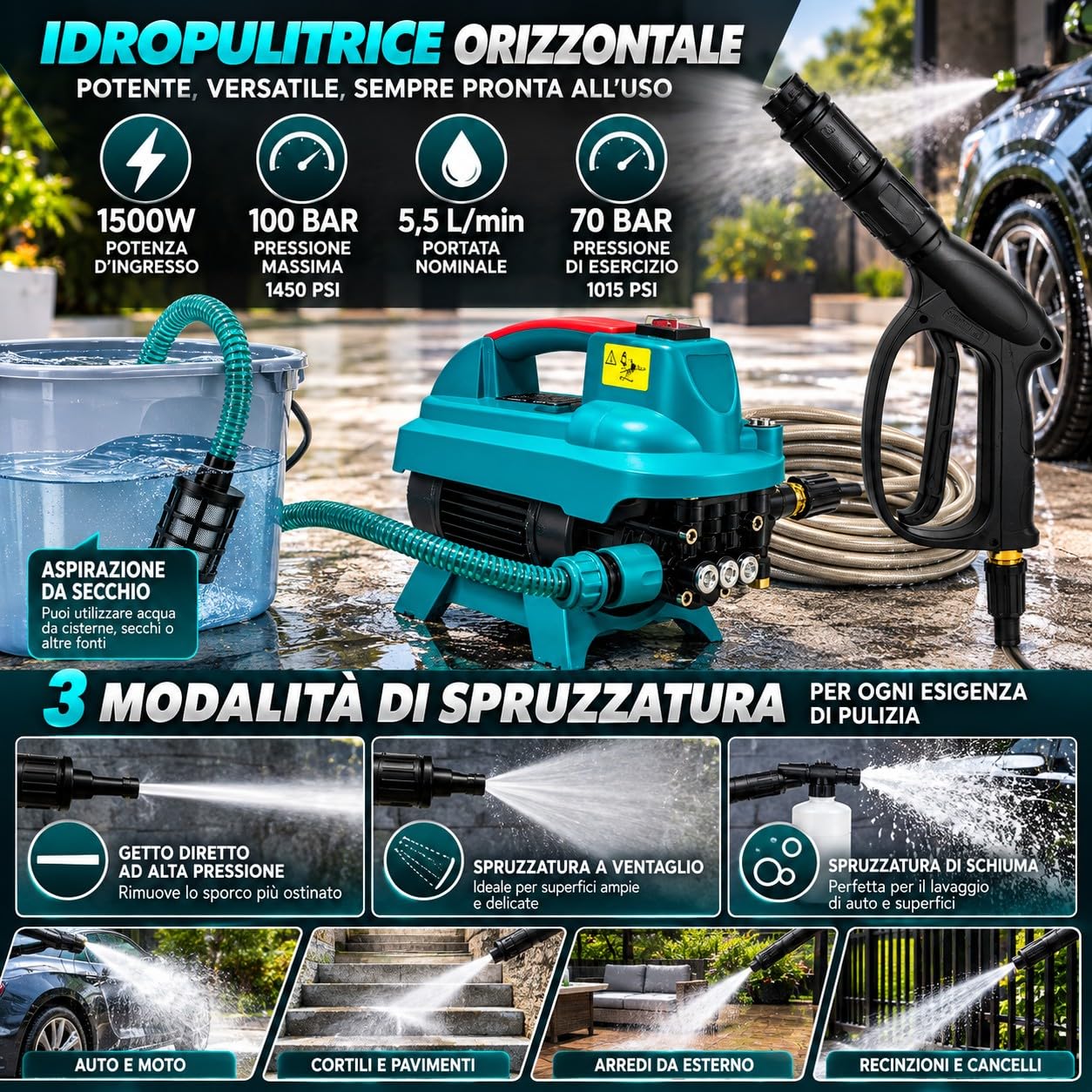 Idropulitrice 1500W 100 Bar, 5,5 L/min, 70 Bar Pressione di Esercizio, Idropulitrice ad Alta Pressione con Aspirazione da Secchio, Attacco Rubinetto, Tubo Alta Pressione