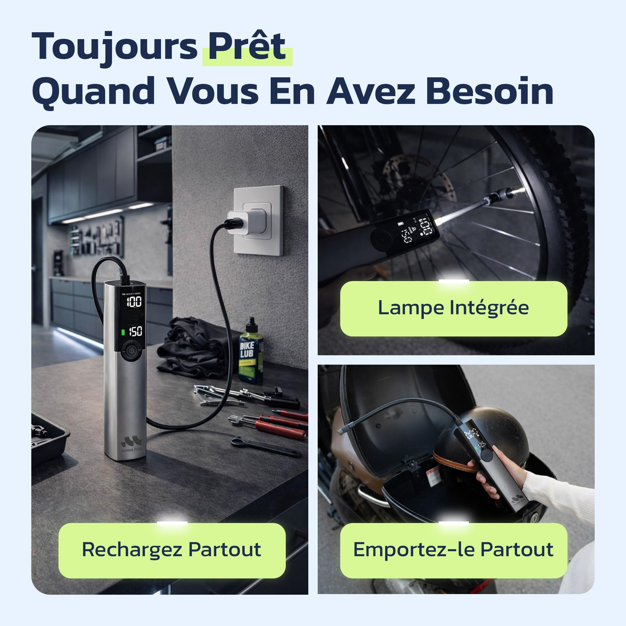 Woowind Ventus Ride Pompe a Velo Electrique 150 PSI 10.3 Bar Compresseur Portatif Compatible Presta Schrader Dunlop
