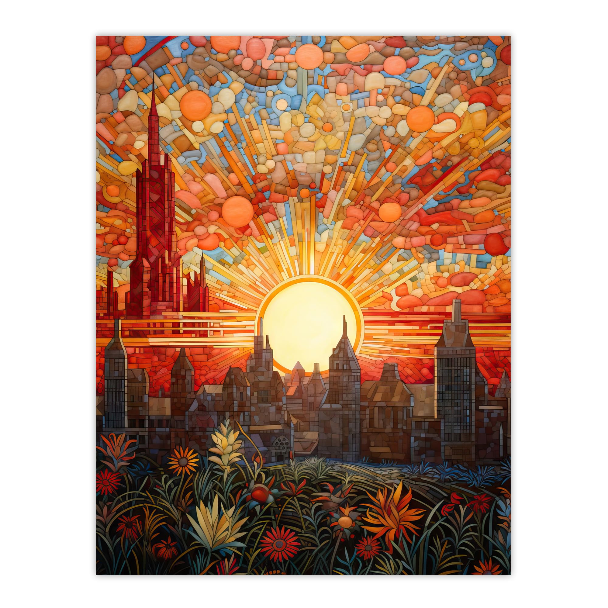 Artery8 Seville Spain Magnificent Sunrise Over Cathedral Abstract Cityscape Flowers Artwork Painting Large Wall Art Poster Print Thick Paper 18X24 Inch