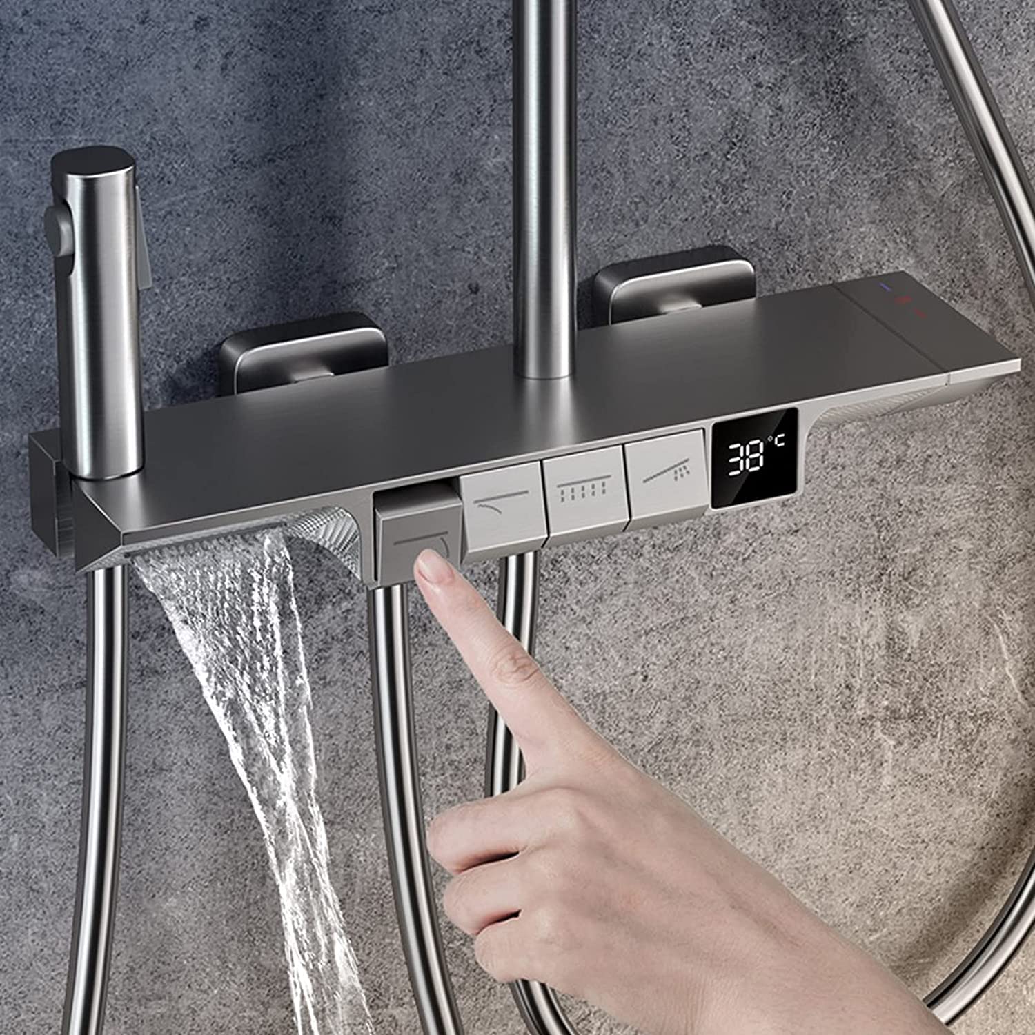 Set Doccia termostatico, Set Rubinetto a Parete, soffione a Pioggia con doccetta, beccuccio per Vasca, doccetta per Bidet e Kit di valvola con visualizzazione della Temperatura