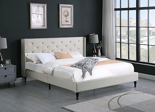 Miniatura 24 de Base de cama de plataforma tapizada Queen con cabecera de 45 pulgadas y base ajustable, cama de lino copetuda con botones, soporte de listones de