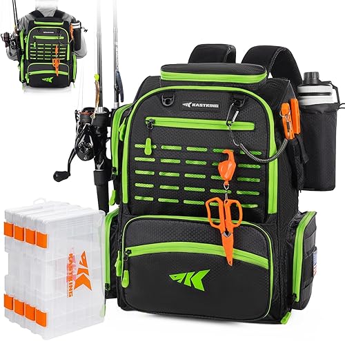 Miniatura 7 de KastKing Bait Boss Mochila de aparejos de pesca con soportes para caña, 4 cajas de aparejos, cubierta para lluvia, almacenamiento grande de 43 L