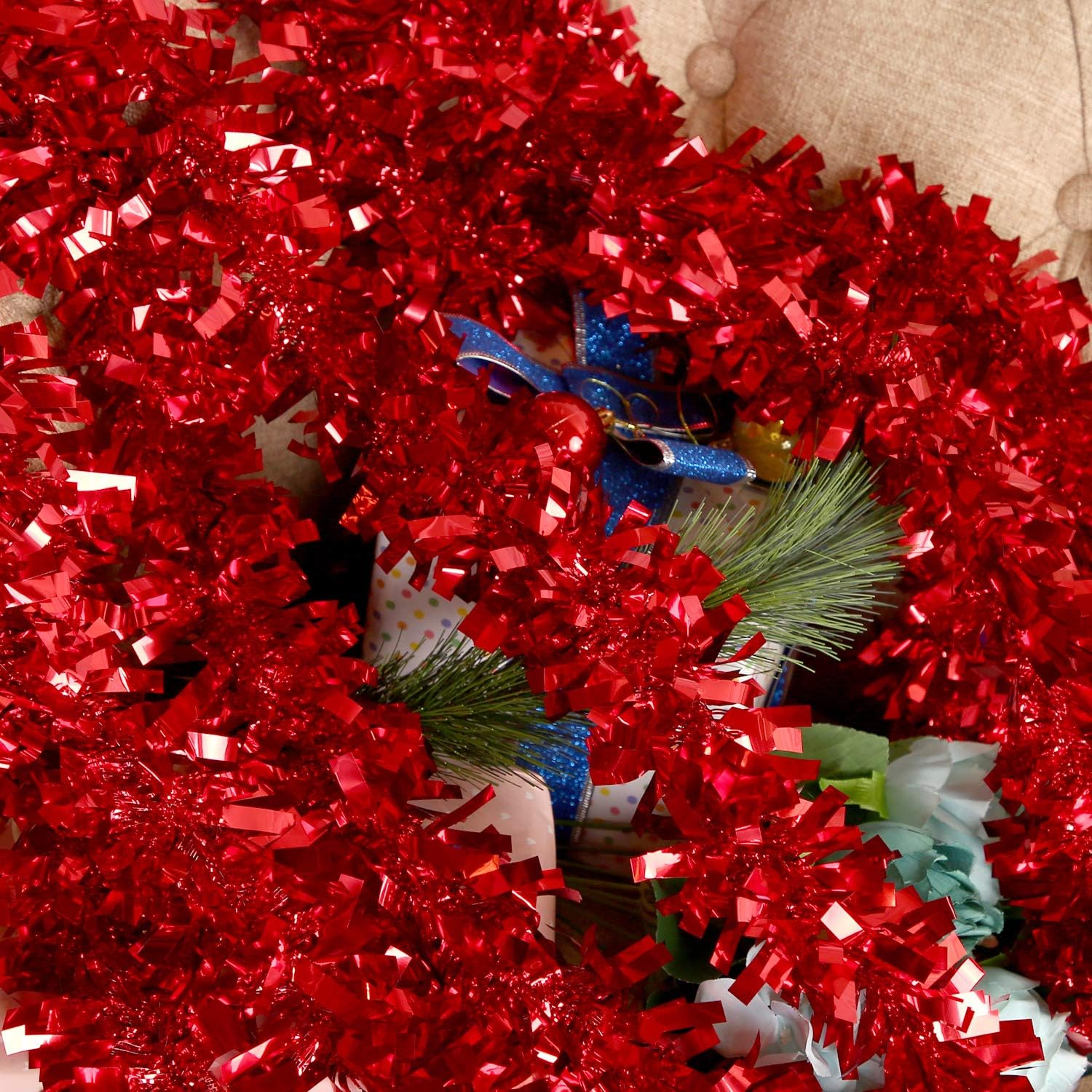 6 Pieces Christmas Tinsel 39.4 Feet Metallic Garland Sparkling Hanging Decoration for Christmas Tree Wreath Wedding Party Supplies (Red) - Image 3