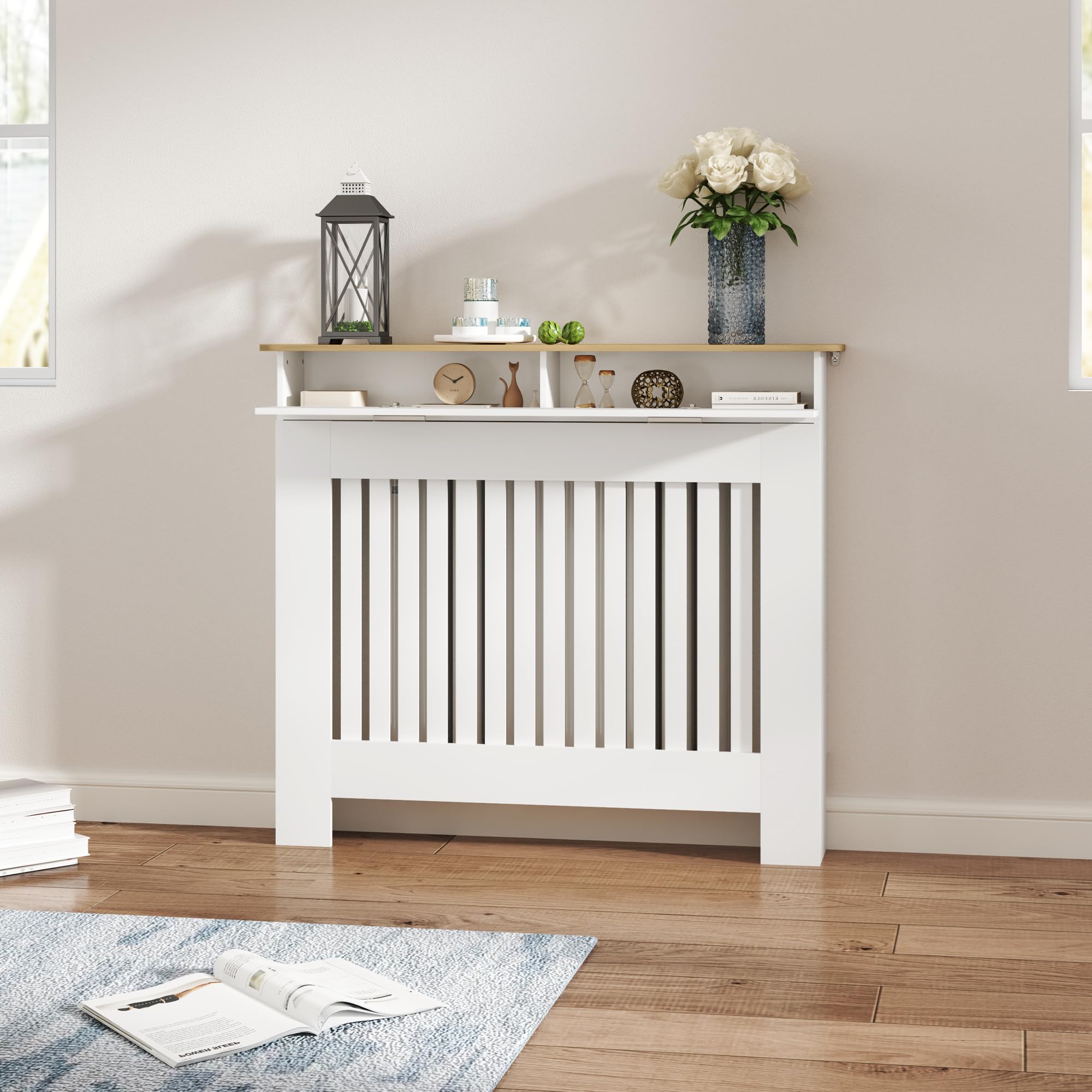 HOMCOM Cache-radiateur à lattes anti-inclinaison avec tiroir de rangement, Cache-radiateur en bois, 112x19x97 cm, Blanc