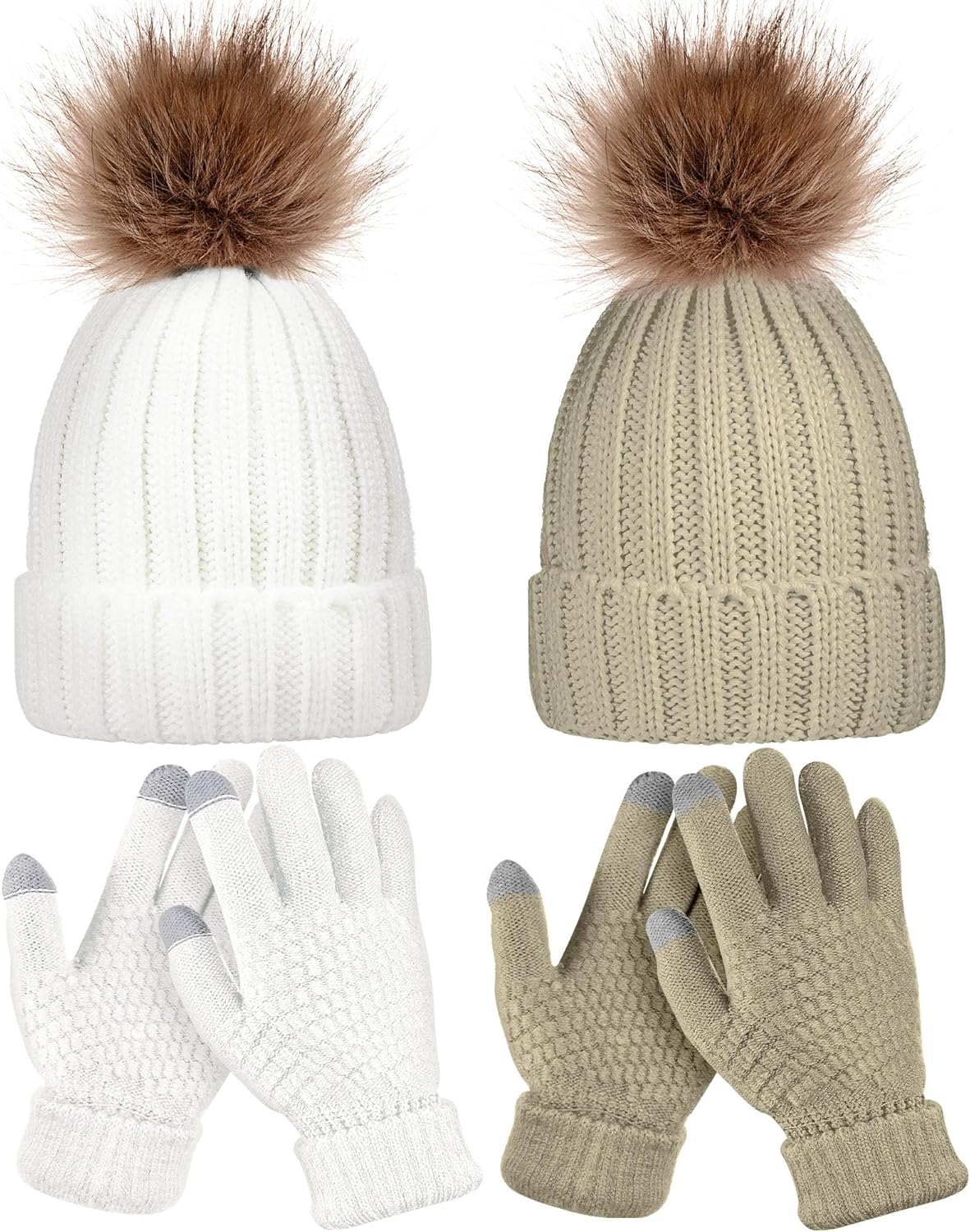 4 Pcs Winter Beanie Hat Gloves Set Pom Knit Unisex Warm Fleece Lined Hat Touchscreen Gloves for Women Men Couples Friends