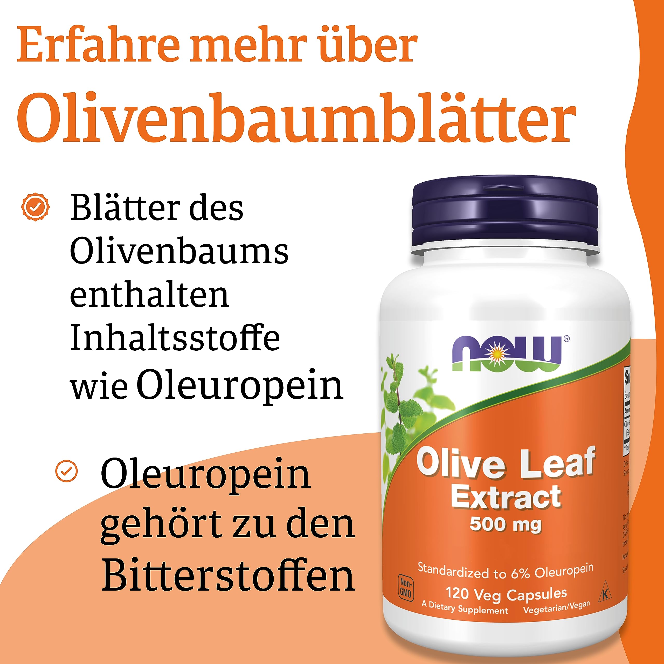 Now Foods Olive Leaf Extract (Olivenblattextrakt), 500mg,Oleuropein, hochdosiert, 120 vegane Kapseln, Laborgeprüft, Sojafrei, Glutenfrei, Vegetarisch, Ohne Gentechnik