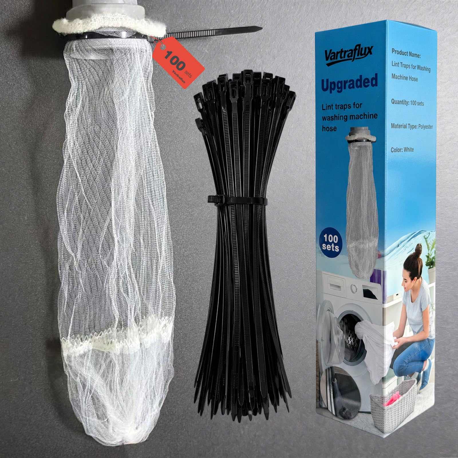Photo 1 of 100 Pack Upgraded Lint Traps for Washing Machine Hose with Double-Layer Bottom Filter - Pet Hair Remover & Drain Hose Filter to Prevent Clogs, Universal Laundry Lint Snare for Washer